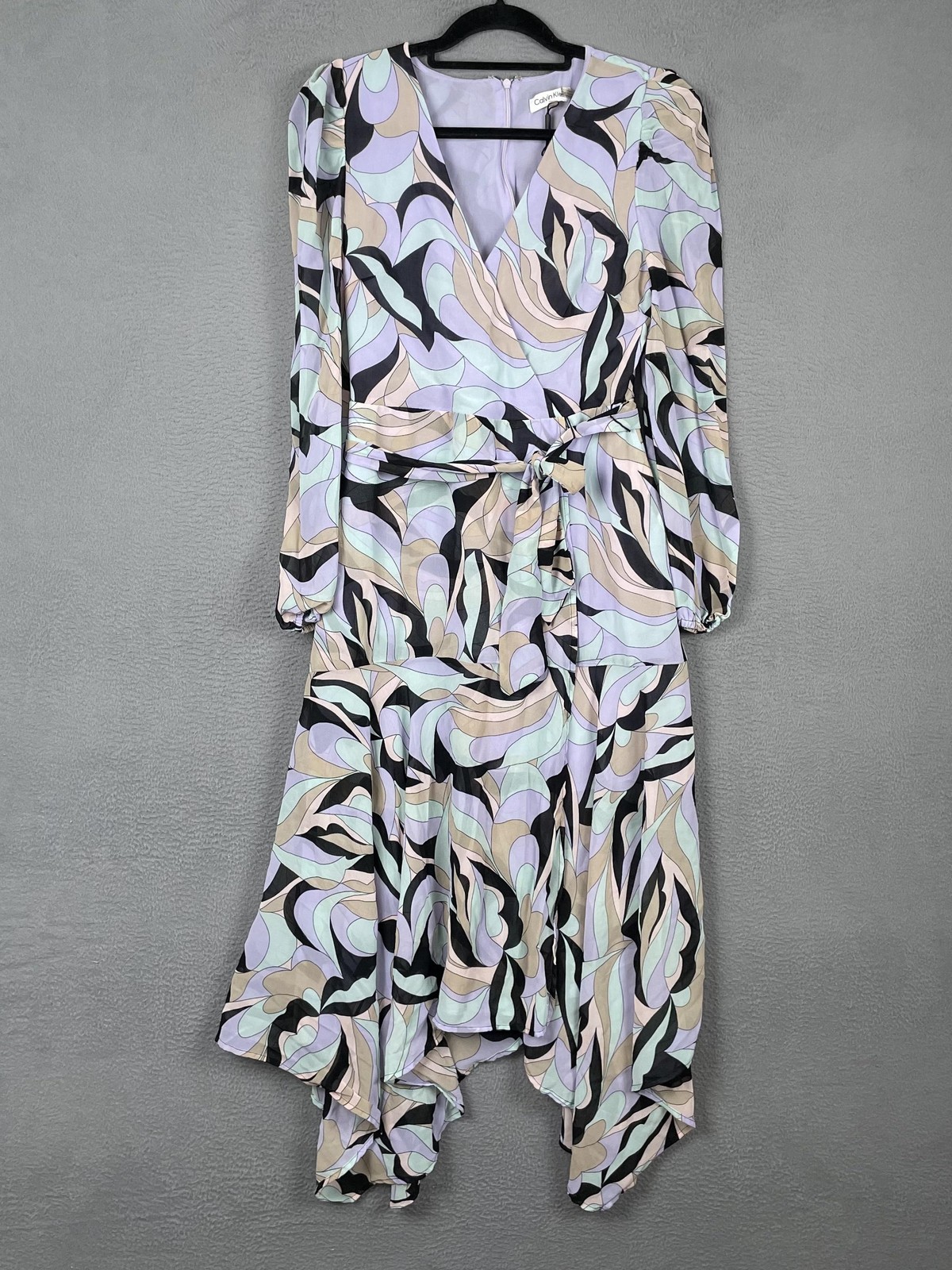 Calvin Klein Dress Womens 4 Purple Wrap Asymmetric Chiffon Puff Sleeve Belted