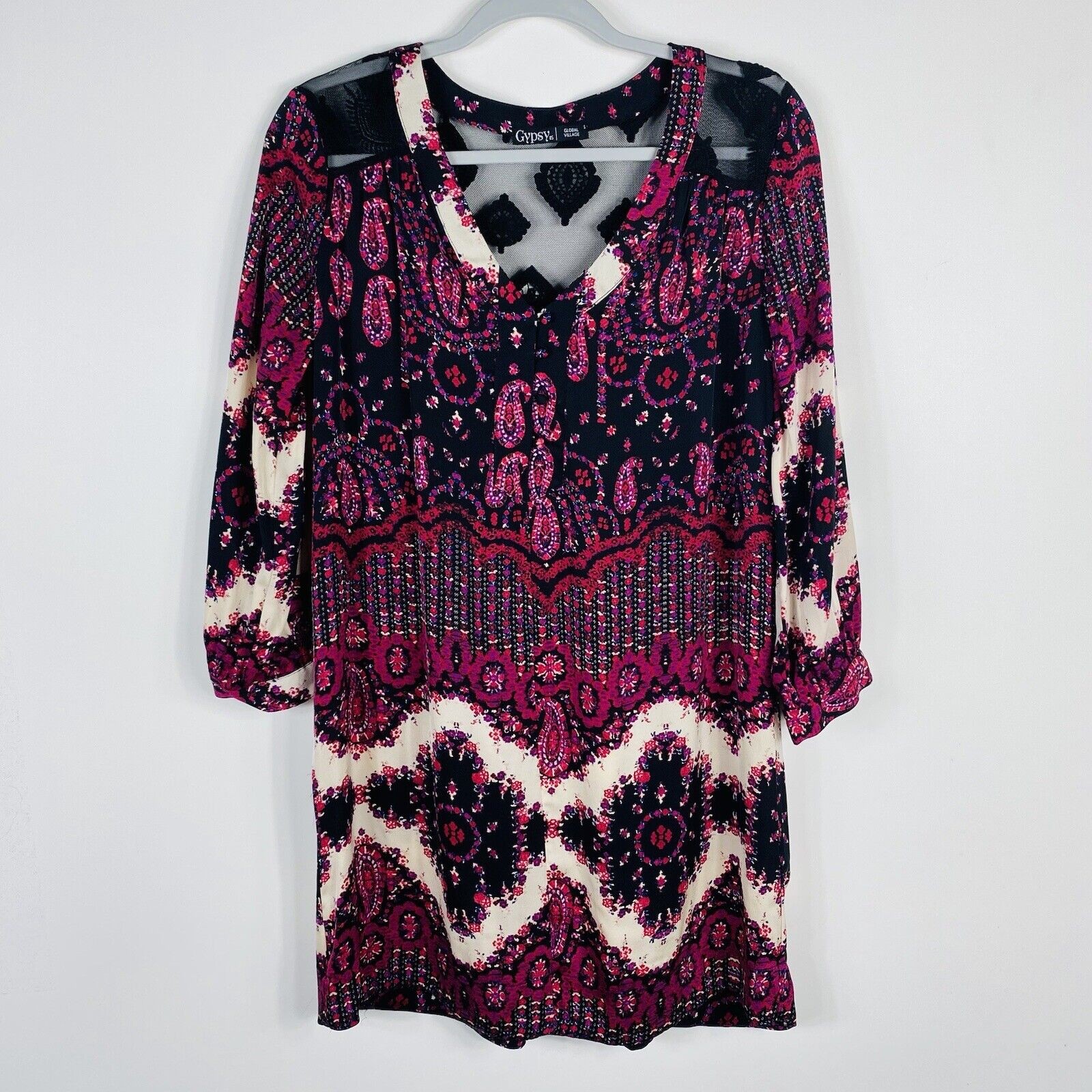 Gypsy 05 Dress Small Silk Long Sleeve Printed Mini Boho Casual Festival