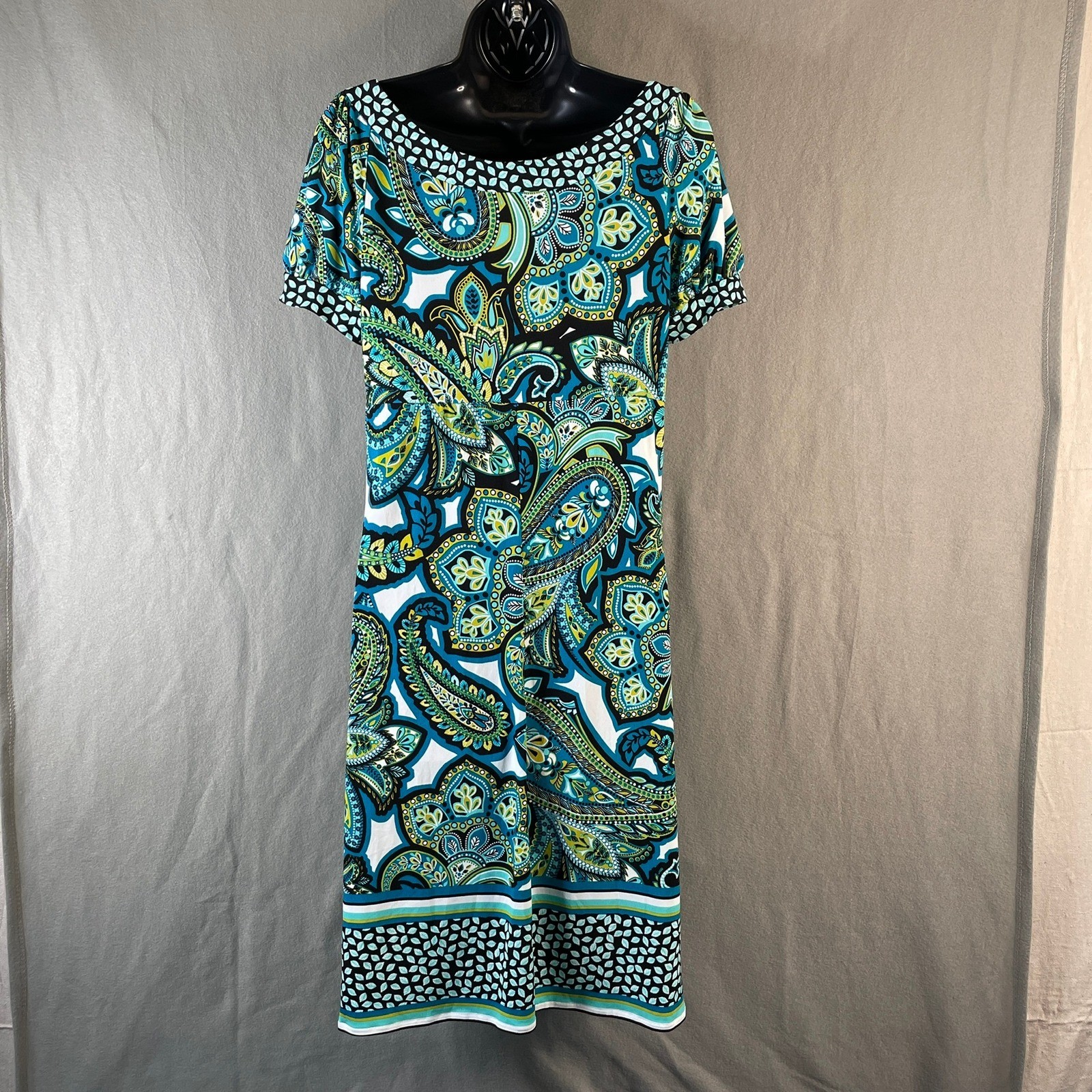 London Style Collection Blue Green Paisley Empire Waist Puff Sleeve Dress 14