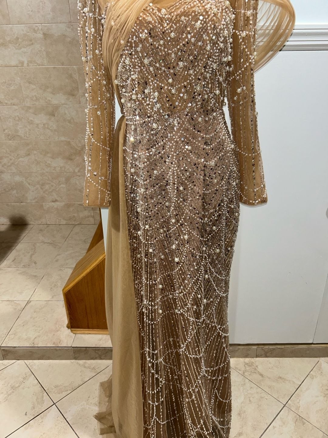 Champagne Long Sleeve Evening Gown with Pearl and Sequin Beading