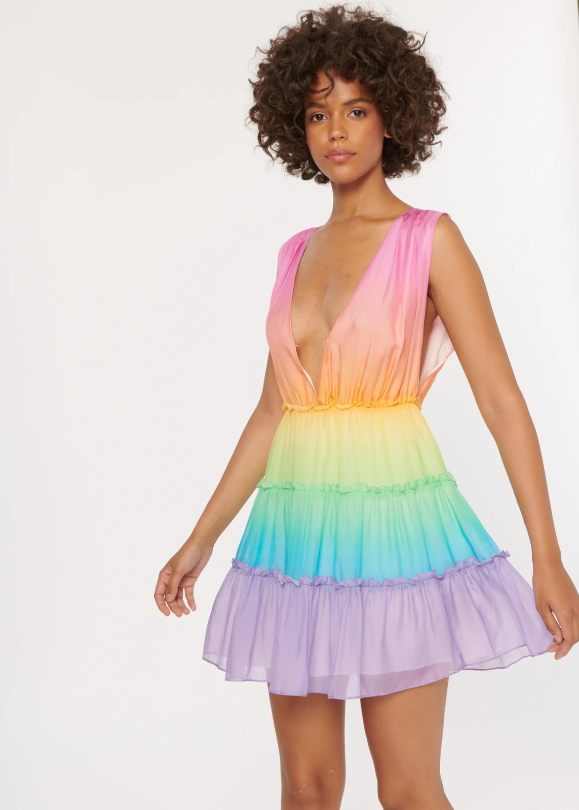 Cami NYC ‘Egle’ Rainbow Ombre Silk Sleeveless Tiered A-Line Ruffle Mini Dress, S