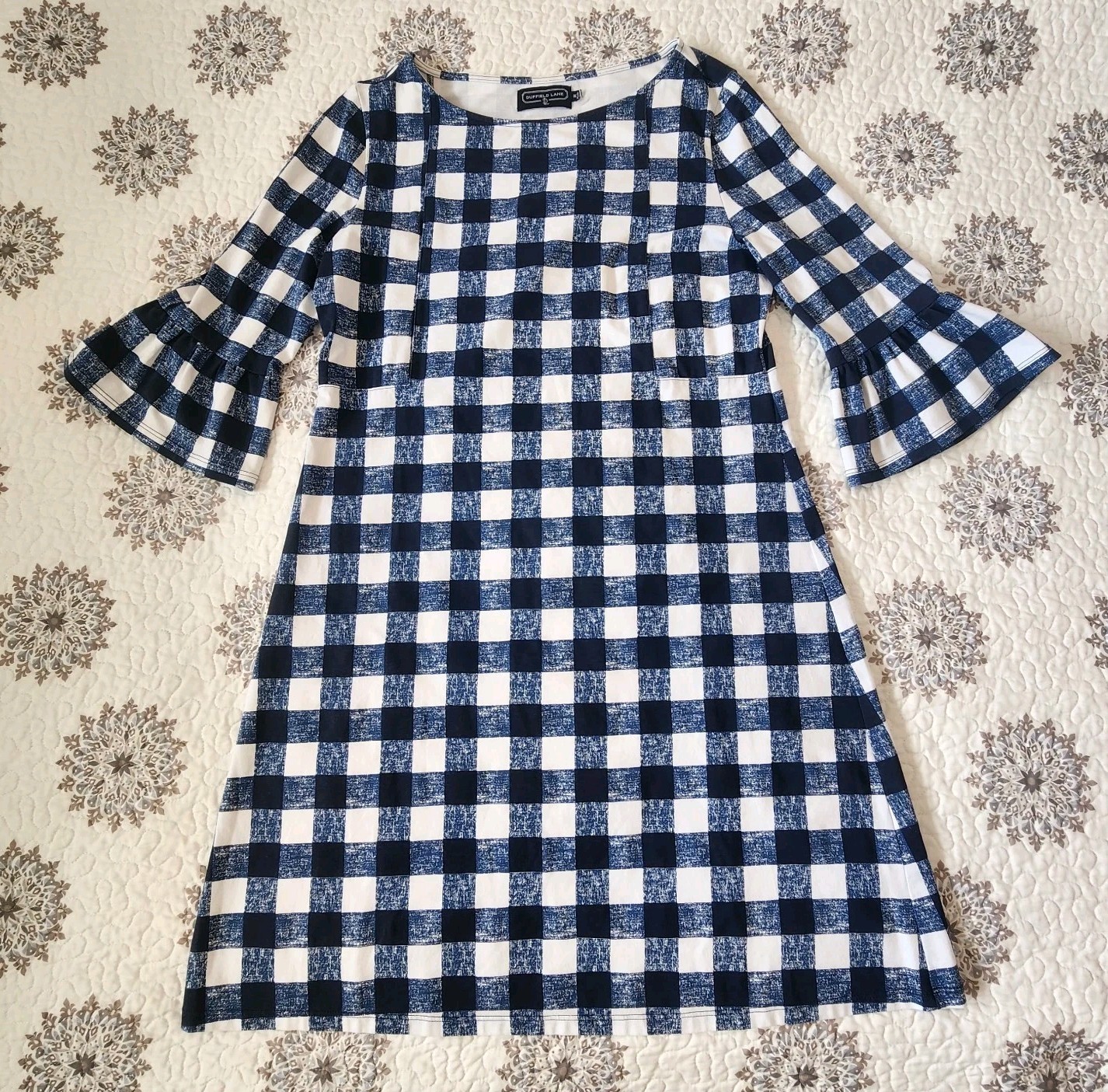 Duffield Lane Gingham Shift Dress Navy Blue White Bell Sleeve Boat Neck Size M
