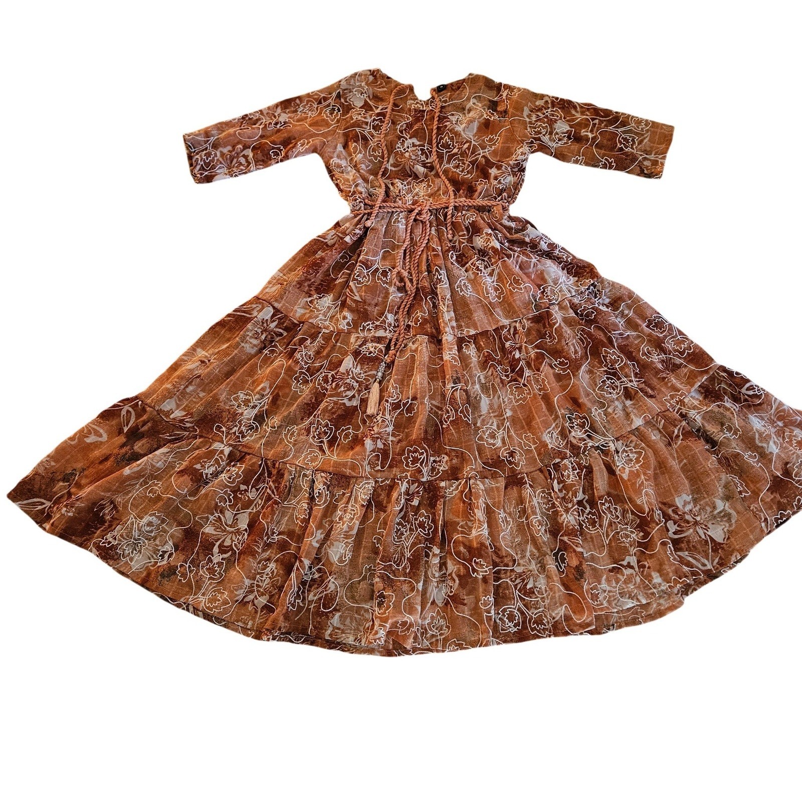 Custom Made Tiered Floral Embroidered Dress Brown Rust S/M Knee Length Boho