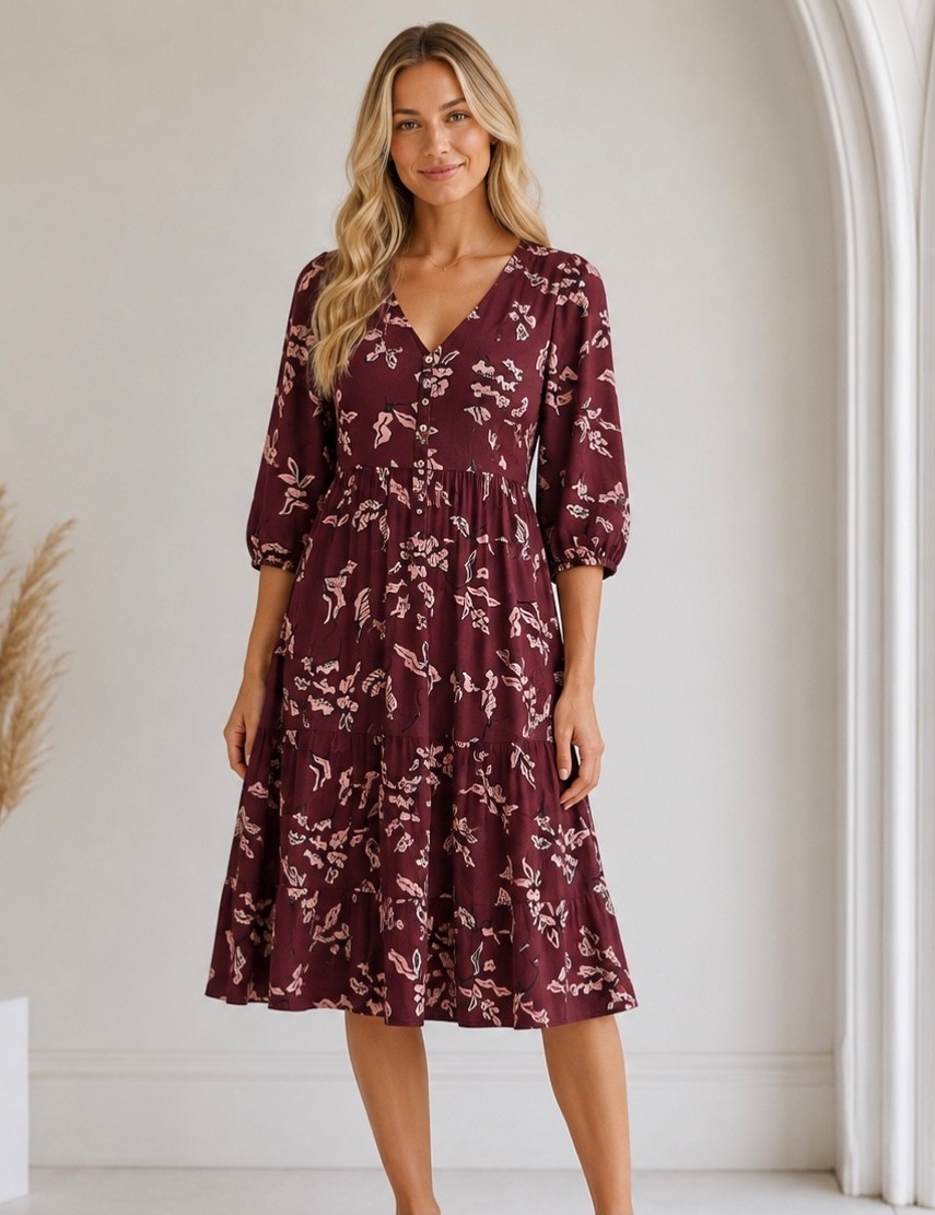 Sonoma Womens Burgundy Floral Tiered Midi Dress Size Medium Cottagecore Chic