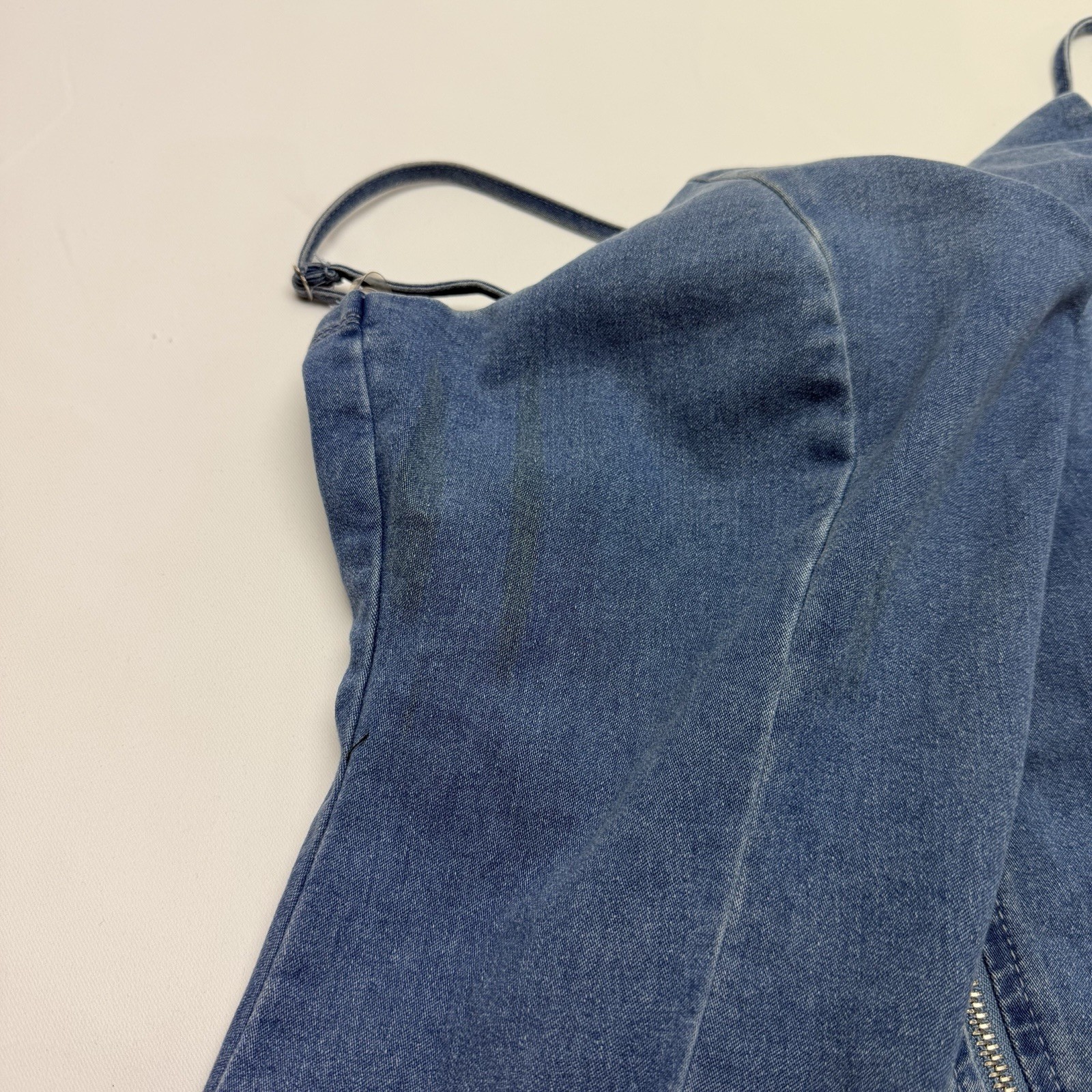 IRIS Denim Bodycon Dress Large Blue O Ring Zip Front Sleeveless Mini Dress