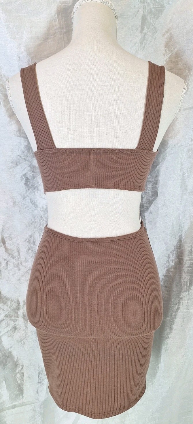 CHOCOLATE USA SzM Plunging Neck Twist Cut-out Ribknit Bodycon Mini Dress Mocha