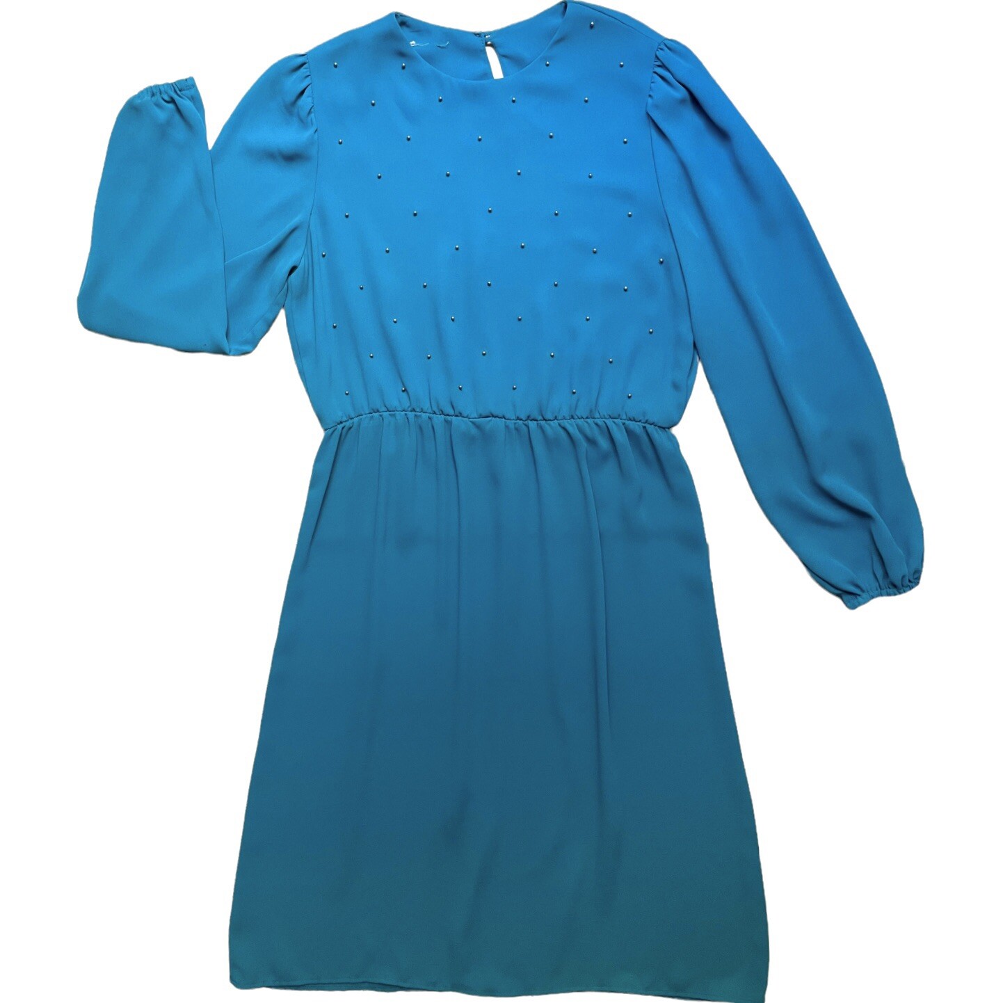 VTG 80s Ruffle Balloon Long Sleeve Midi Dress Blue Pearl Front Accent Women’s 10
