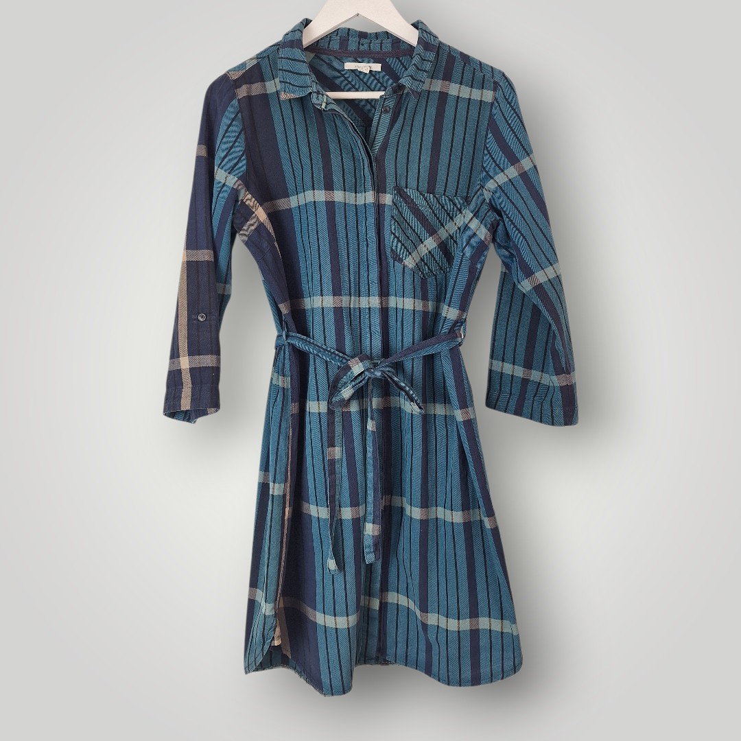 White Stuff Checkmate Shirt Dress Womens 14 Blue Plaid Cotton Belted Mini Tunic