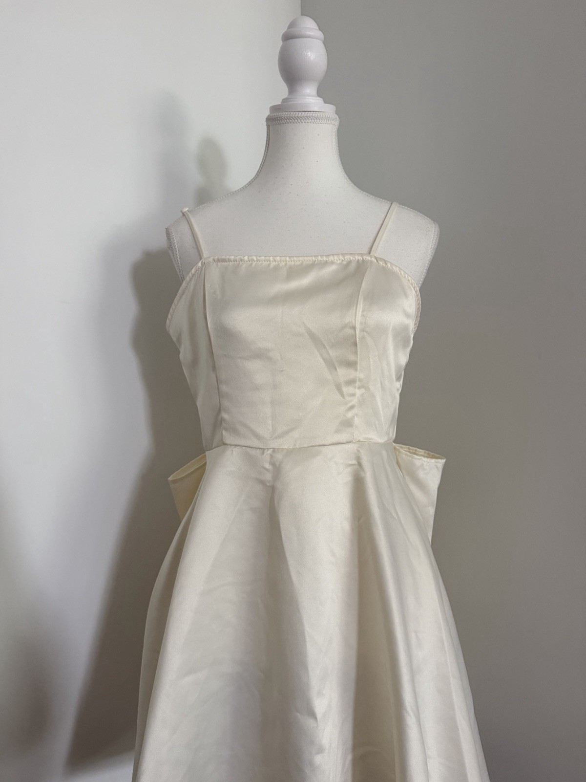 Ivory Solid Satin Mini Dress Square Neck Lace-Up Back Bow Straps Size M