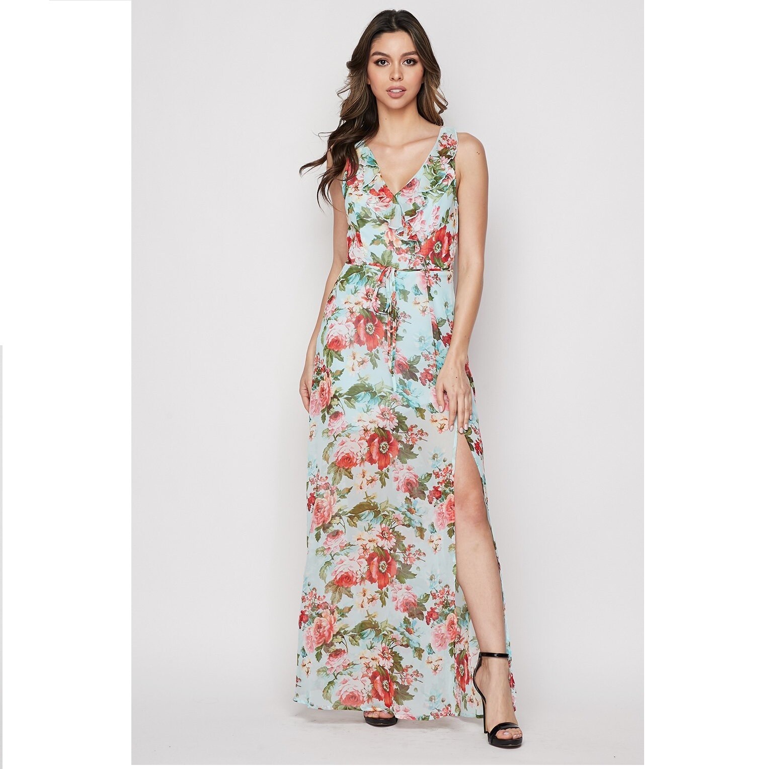Teeze Me Junior Womens 31/ Aqua Pink Floral Print Chiffon Ruffle Maxi Dress NWT