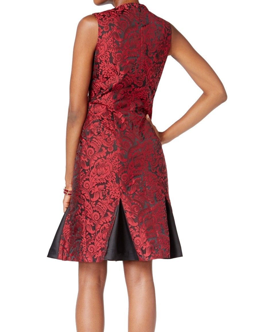 B Michael ~ Red & Black Jacquard V-Neck Flounce Party Dress 6 NEW $275