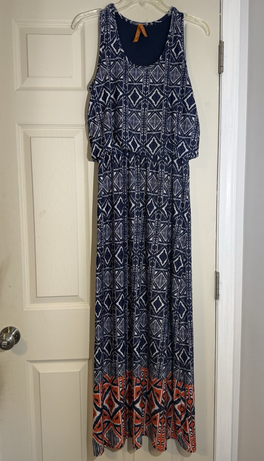 Magic Women’s M Blue White Geometric Scoop Neck Sleeveless Maxi Dress Stretch