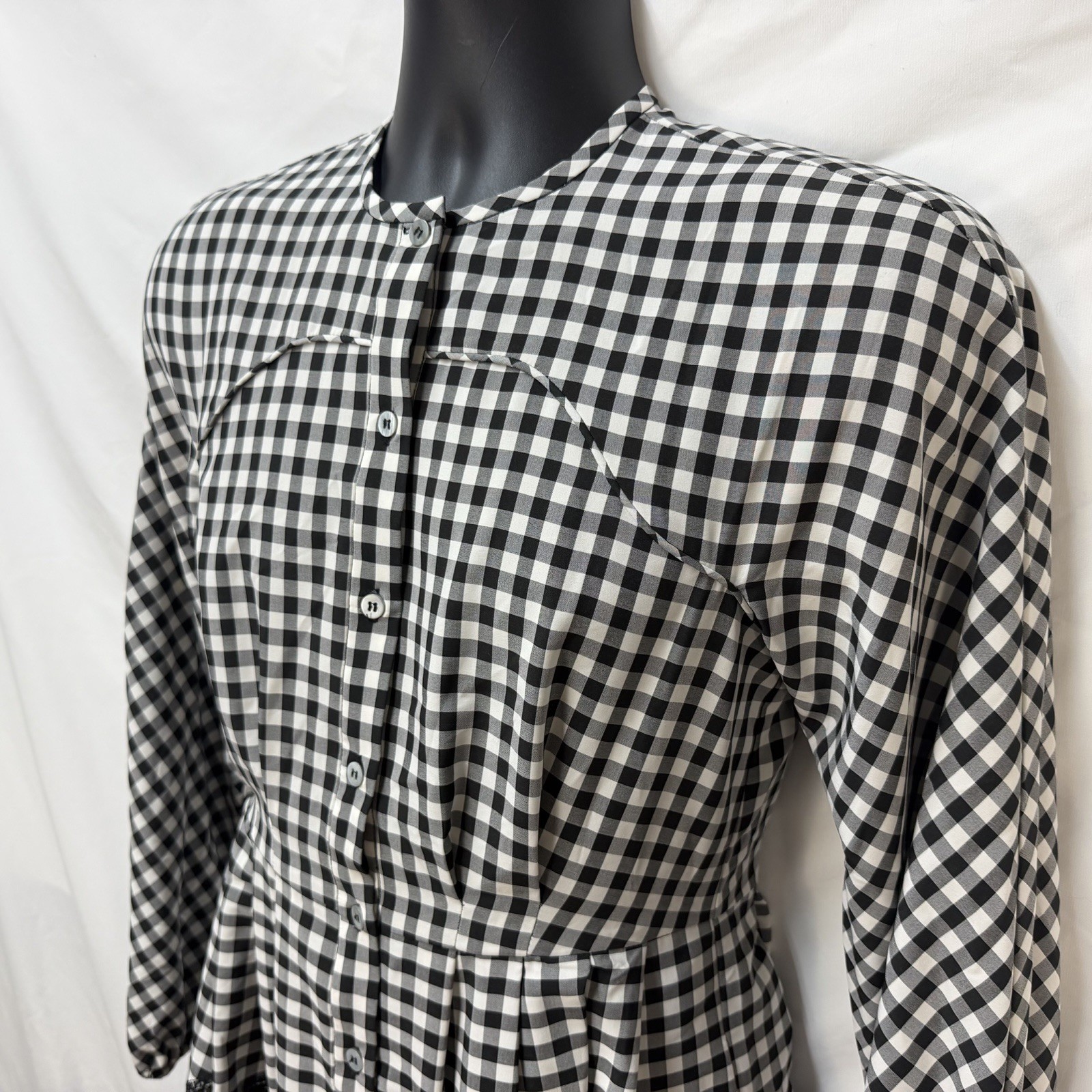 NEW PEARL BY LELA ROSE BLACK WHITE CHECK FLORAL EMBROIDERED BUTTON FRONT DRESS 0