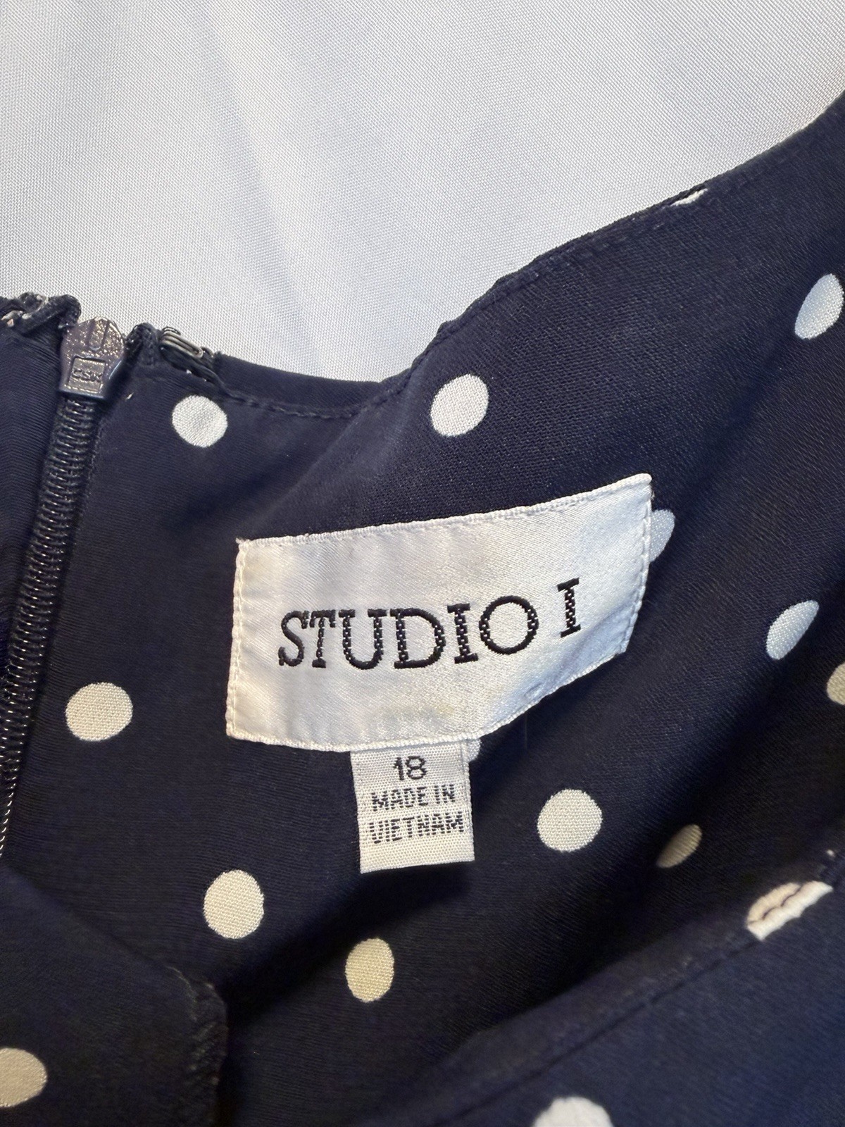 Studio 1 Plus Size 18 Blue/White Polka Dot Sleeveless Belted Dress