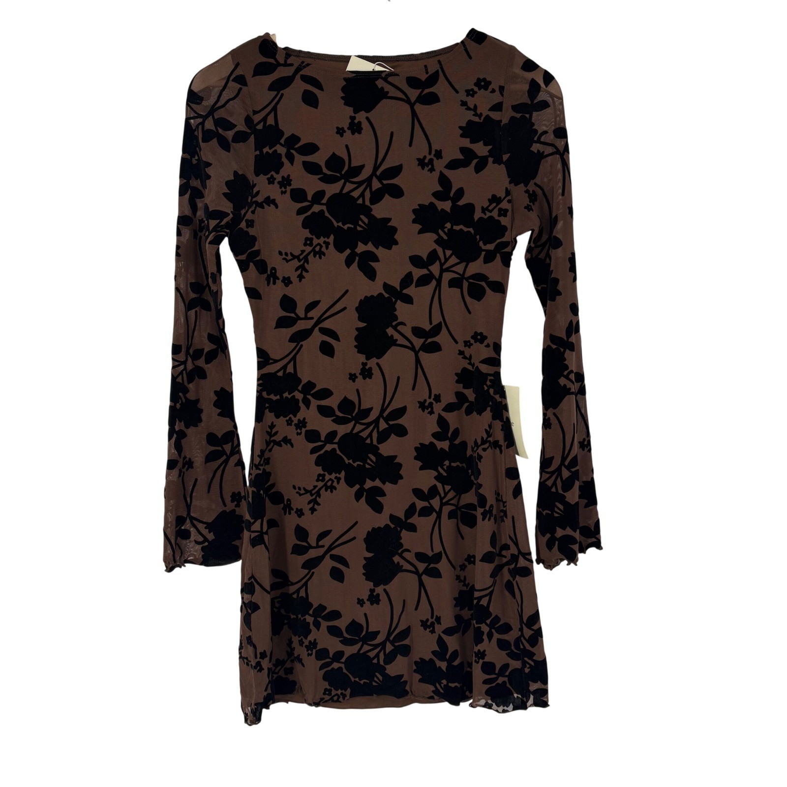 Böhme Brown Floral Flocked Velvet Mesh Whimsigoth Mini Dress XS Bell Sleeve