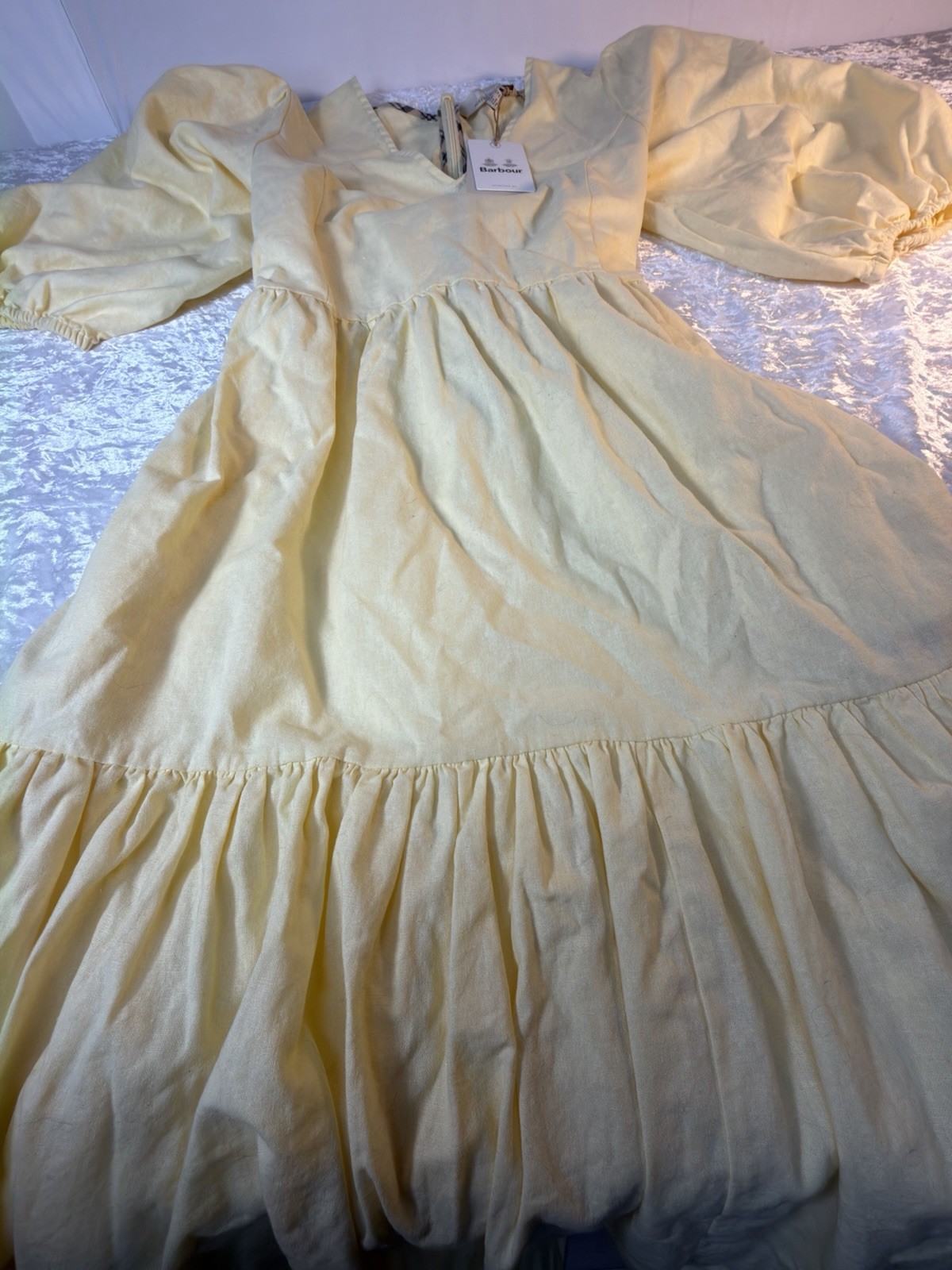 Barbour Yellow Linen Midi Dress Puff Sleeve Tie Back Womens 10 NWT