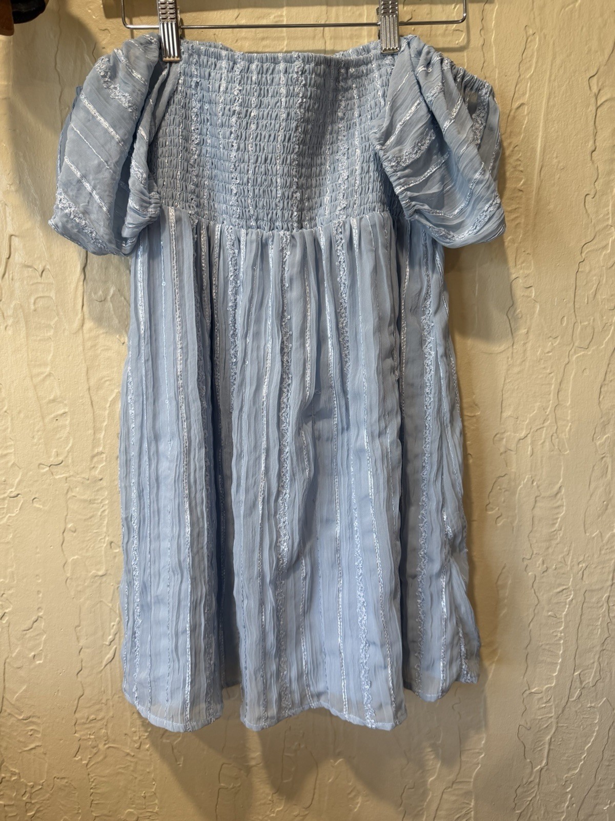 Altar’d State Women’s Petite P Blue Striped Smocked Off-Shoulder Puff Dress