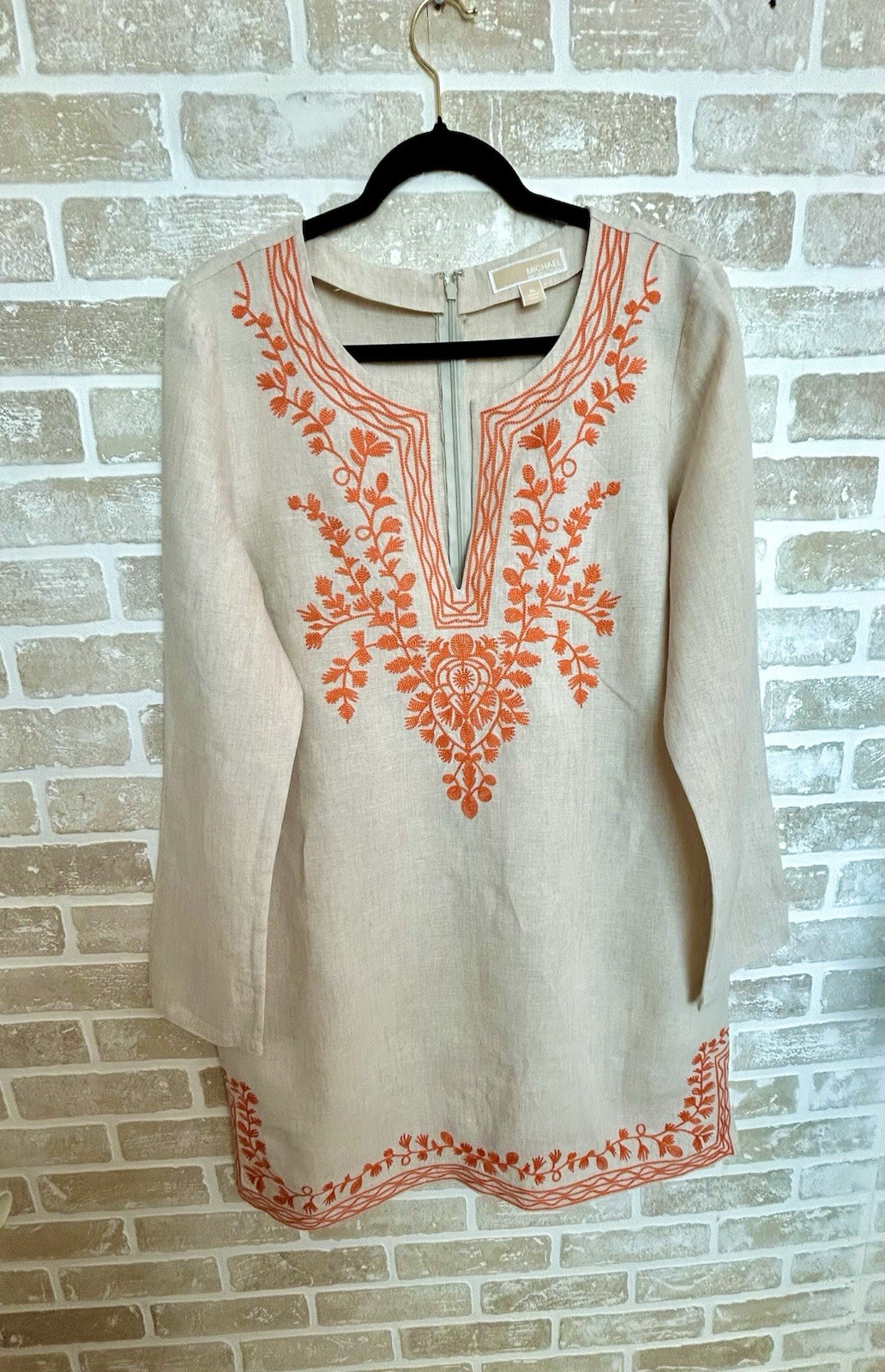 Michael Michael Kors Beige Orange Floral Embroidered Zip Short Dress XL
