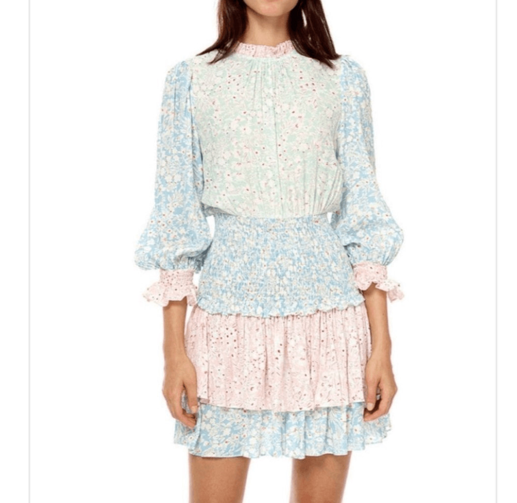 Stellah $225 Floral Smocked Flounce Mini Dress Blue Pink Multi Large NEW