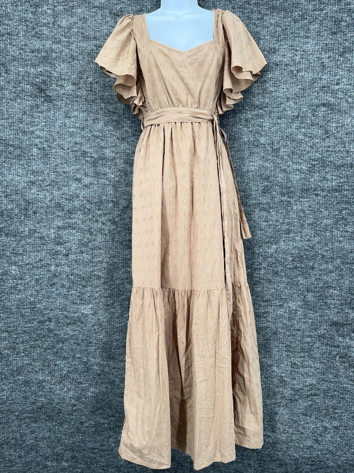 Sim & Sam Dress Womens M Taupe Sweetheart Flutter Sleeve Maxi Belted Tiered Boho