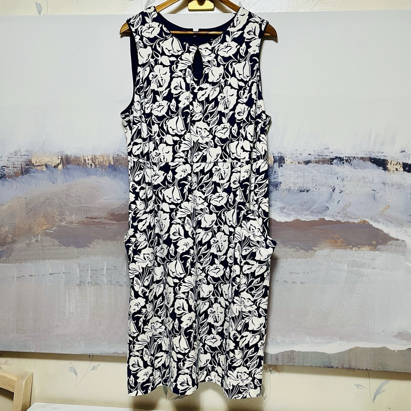 Vtg LANDS’ END Sheath Dress 20W Blue Floral Midi Sleeveless Keyhole Neck Pockets