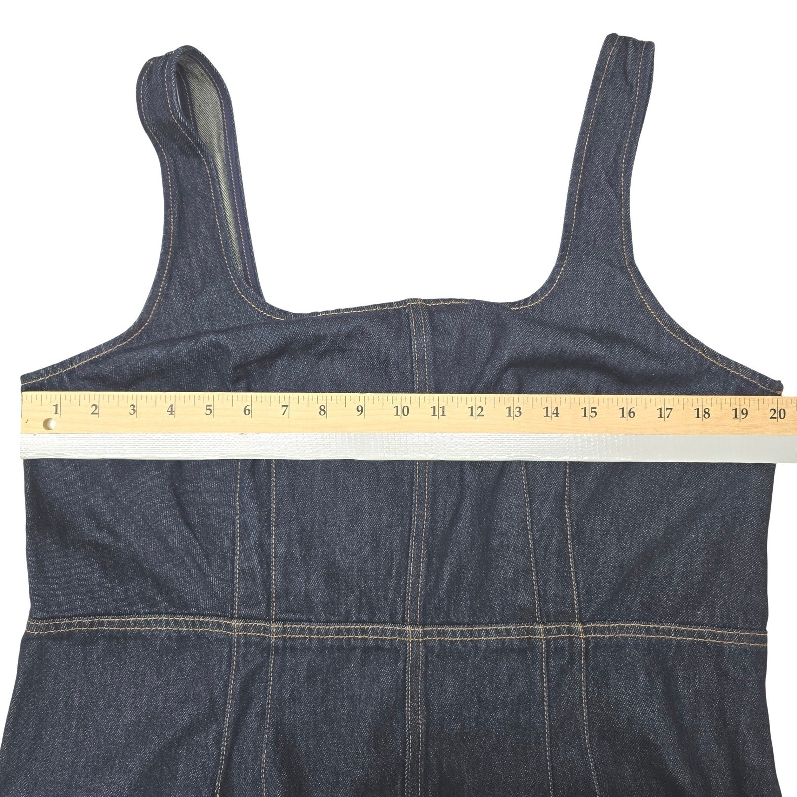 Future Collective Dark Wash Denim Midi Dress Square Neck Smocked Back XL Indigo