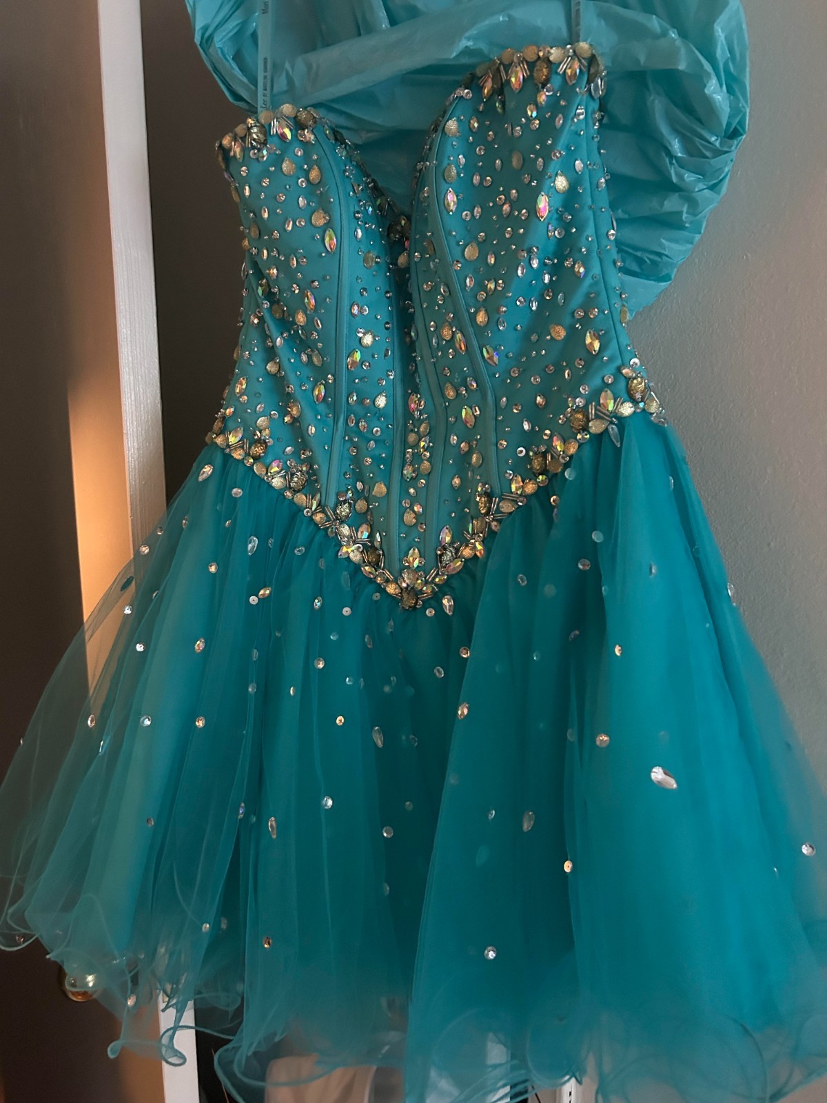 Mori Lee Turquoise Tulle Beaded Corset Party Dress Size 2 Excellent Condition