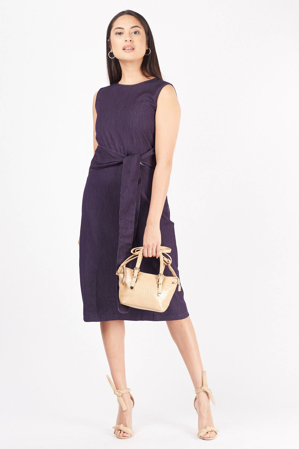 TEXTURED TIE UP PURPLE MIDI DRESS UK 16 EU44 US12 L42 INCHES
