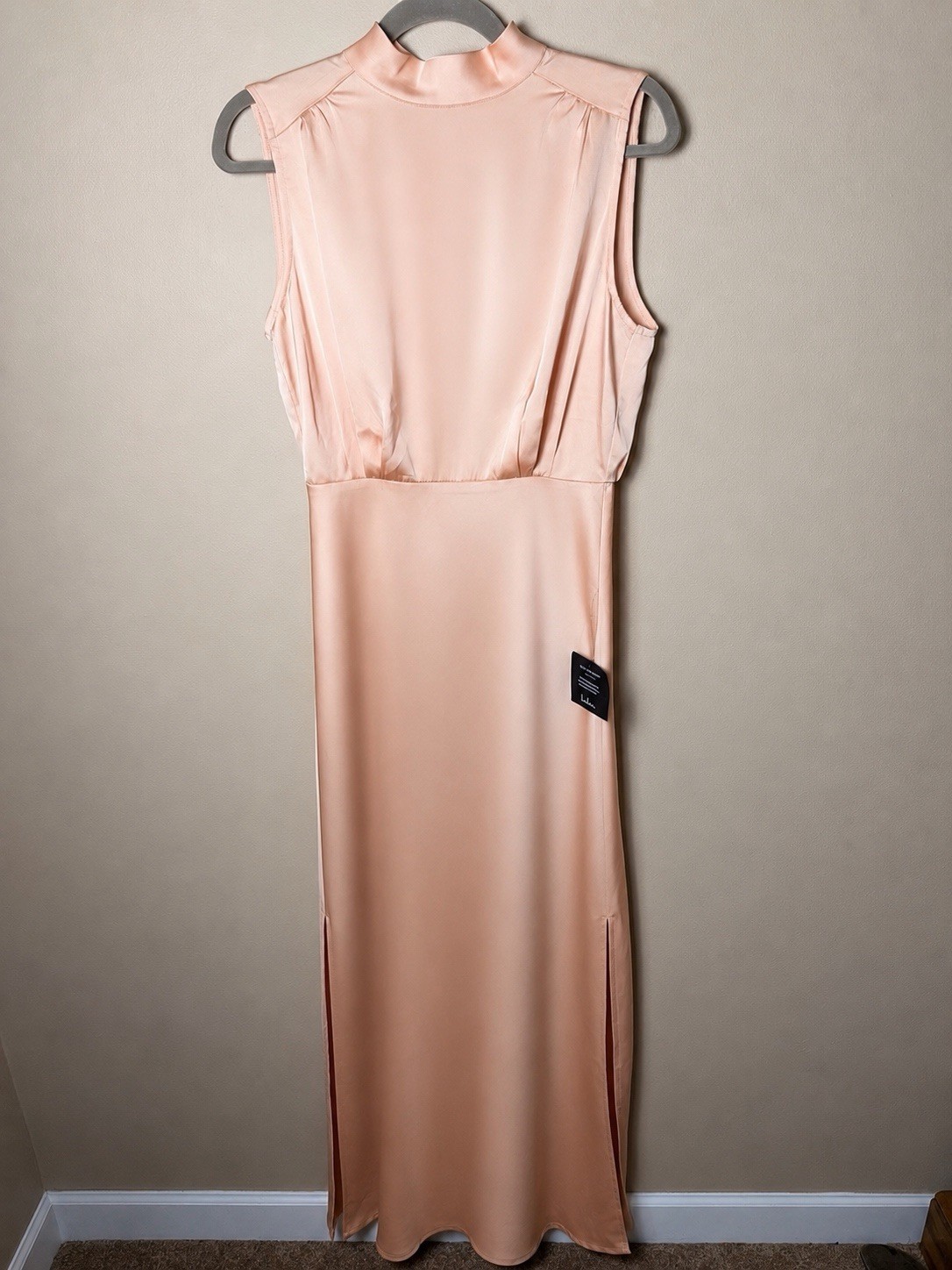 Lulus Classic Elegance Blush Satin Mock Neck Maxi Dress NWT M