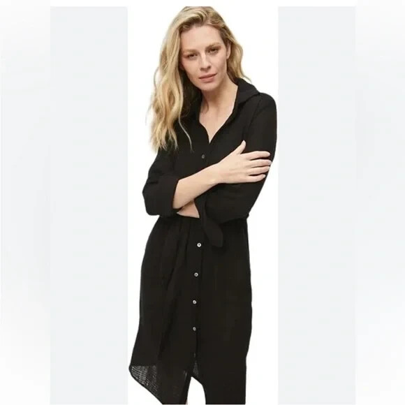 MICHAEL STARS Black Cotton Gauze Button Down Shirt Dress CLEO Sz S *MISSING CORD