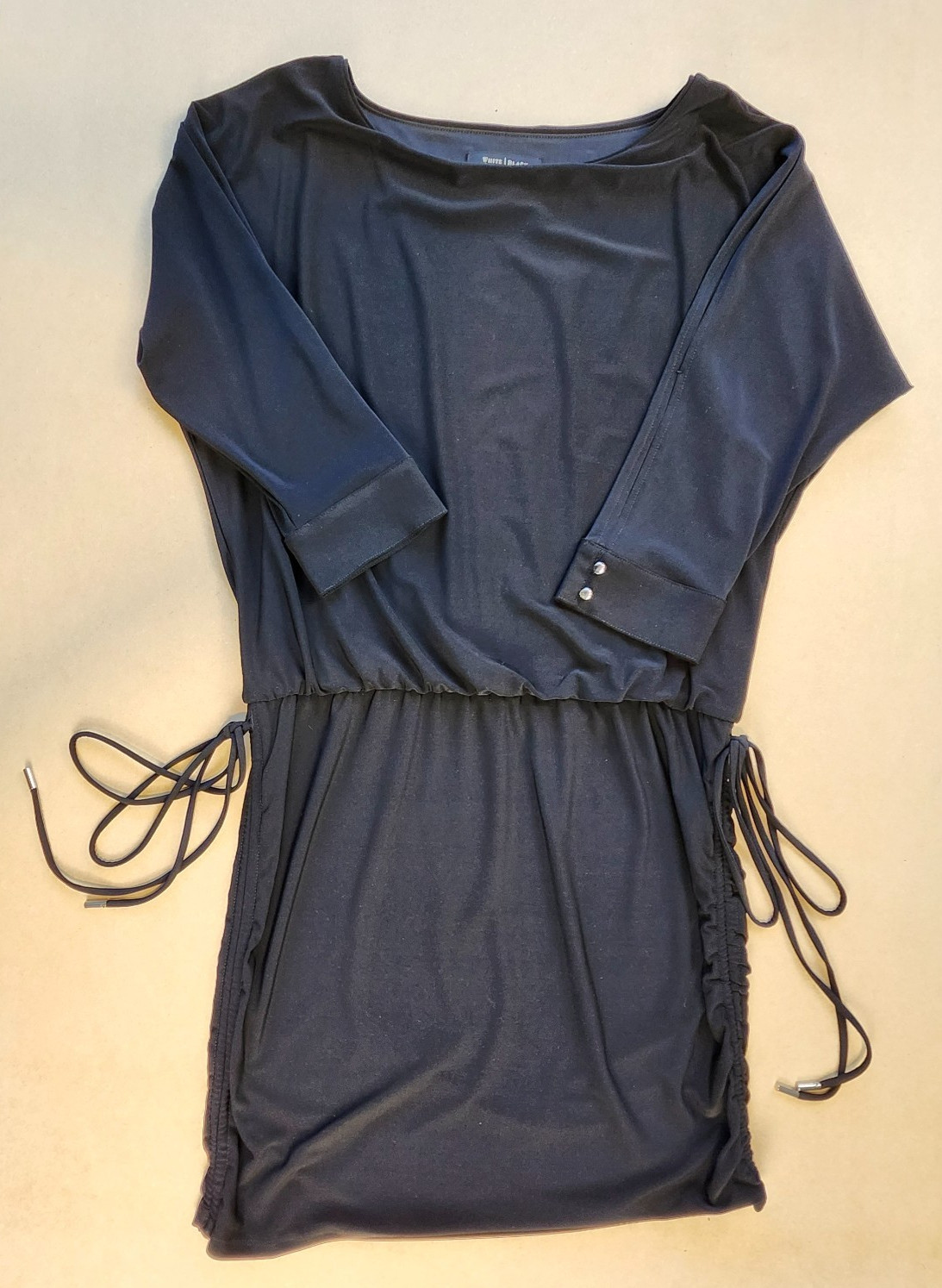 WHBM Black Mini Dress Small Blouson cold shoulder Drawstring sides Stretch