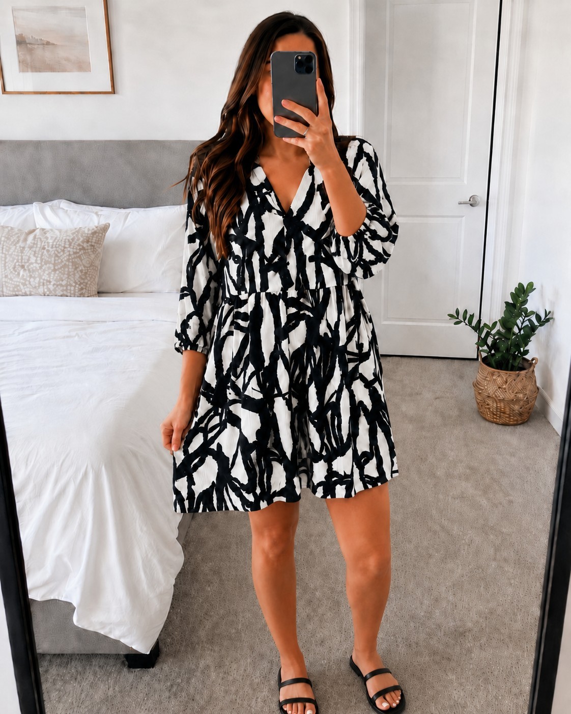 Bold Loose Fitting Tunic Dress Black and White Geometric Print New Look Size 10