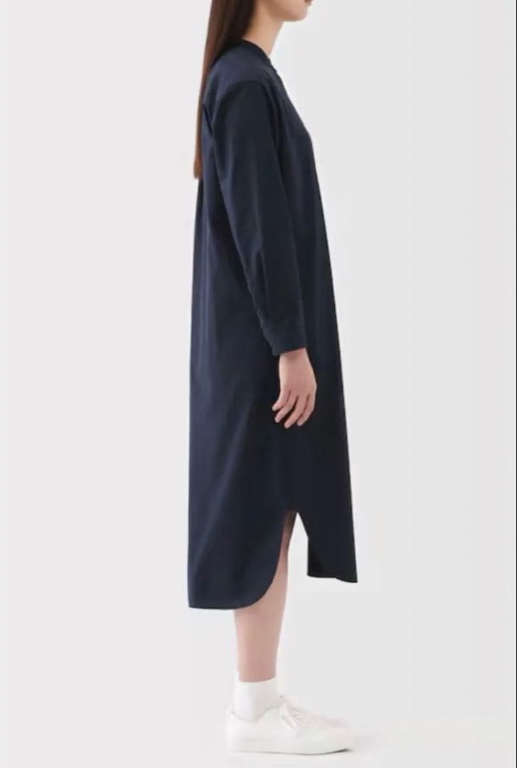 MUJI Washed Broad Stand Collar Long Sleeve Dress Dark Navy XS