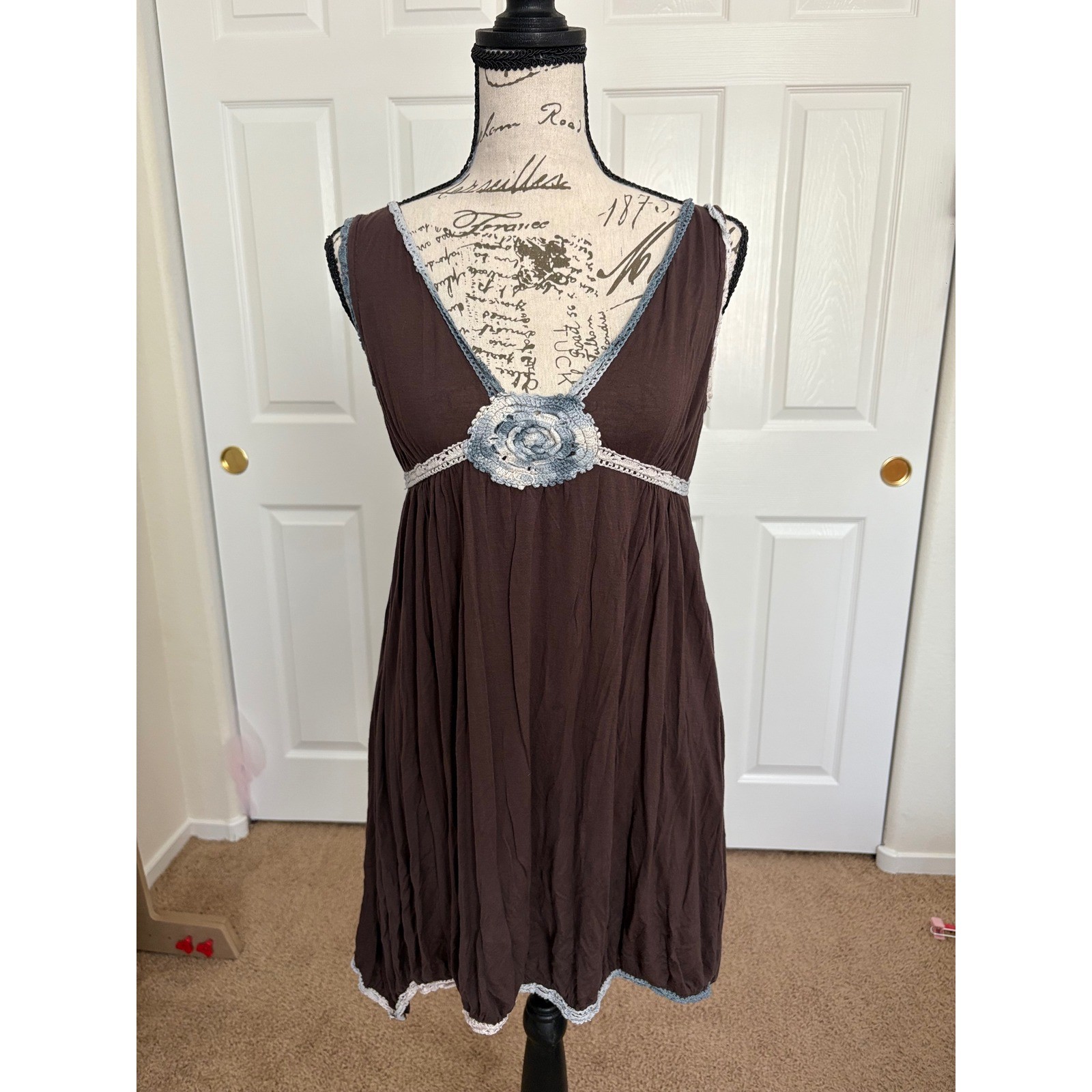 Free People Vintage Babydoll Mini Dress Brown Crochet Flower Lace Up Back Boho