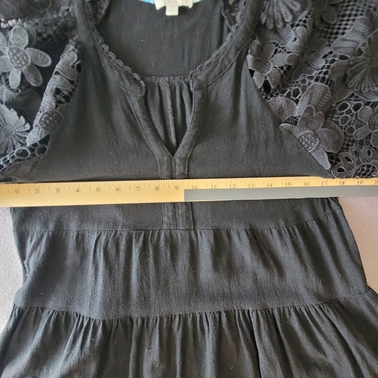 Umgee Boho Black Tiered Babydoll Dress Tunic Floral Crochet Lace Puff Sleeve