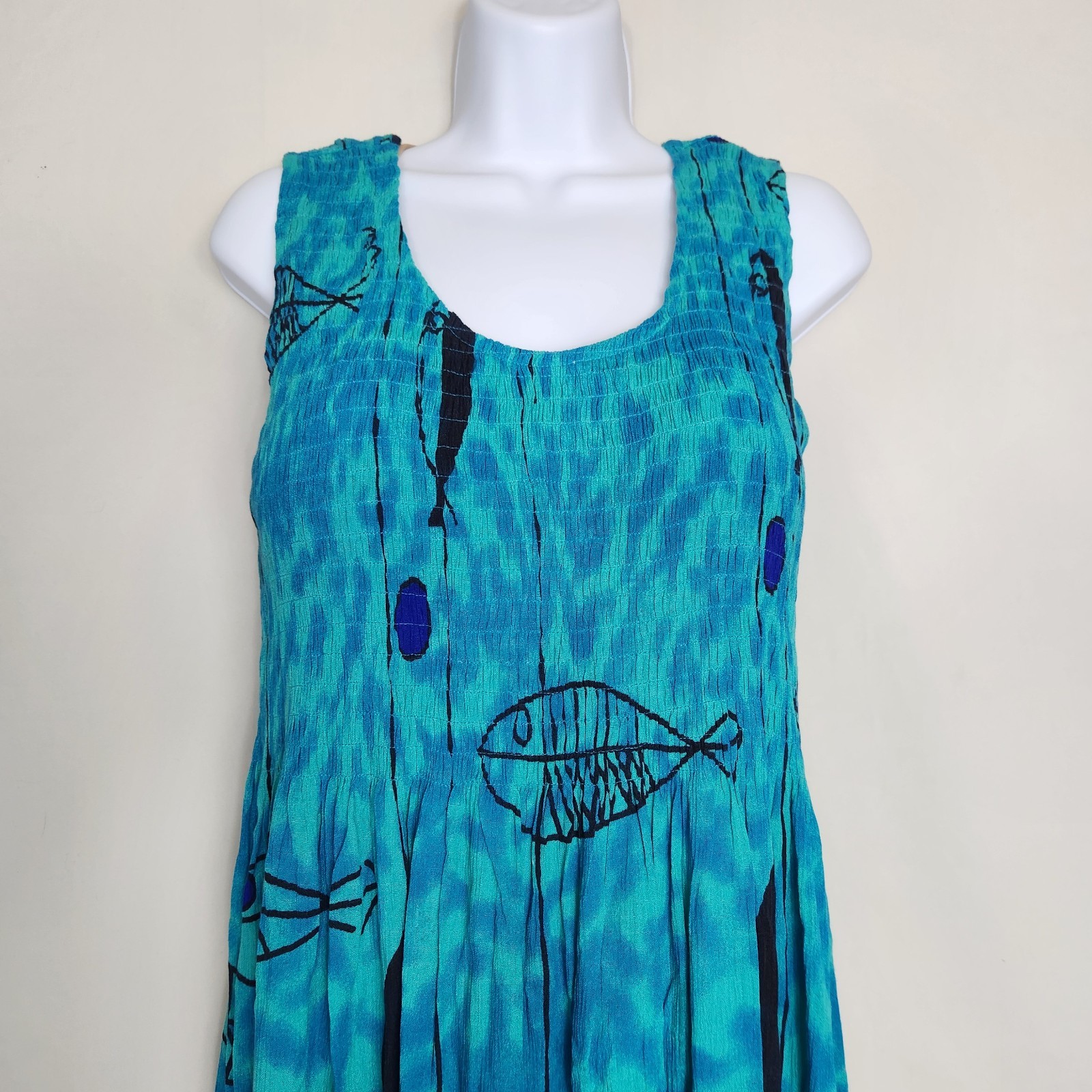 Kaktus Dress Womens Medium Blue Fish Print Sleeveless Summer Maxi Beach Resort