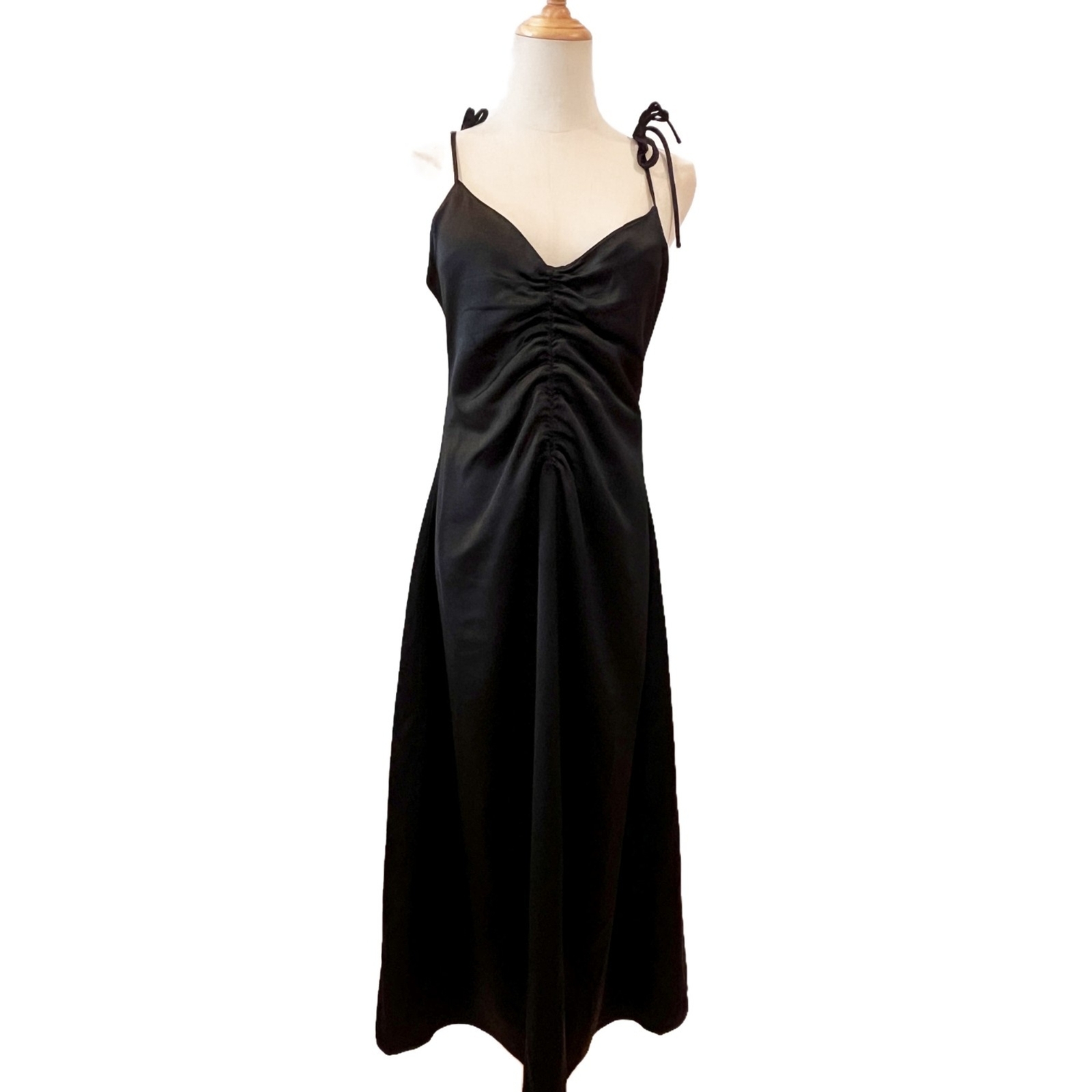Jason Wu Black Ruched Satin Midi Slip Dress Large Ruched Front Cocktail