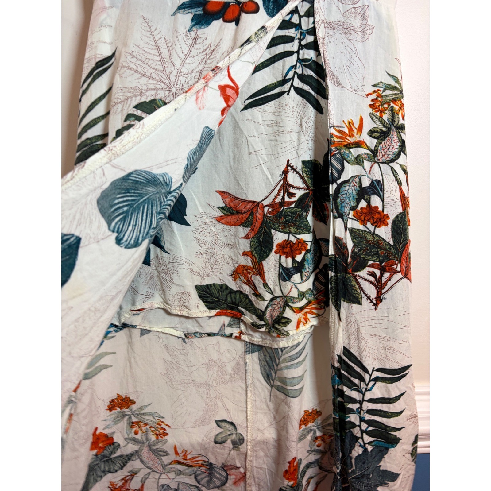 Young Essence Tropical Botanical Floral Faux Wrap Midi Dress White Green Orange