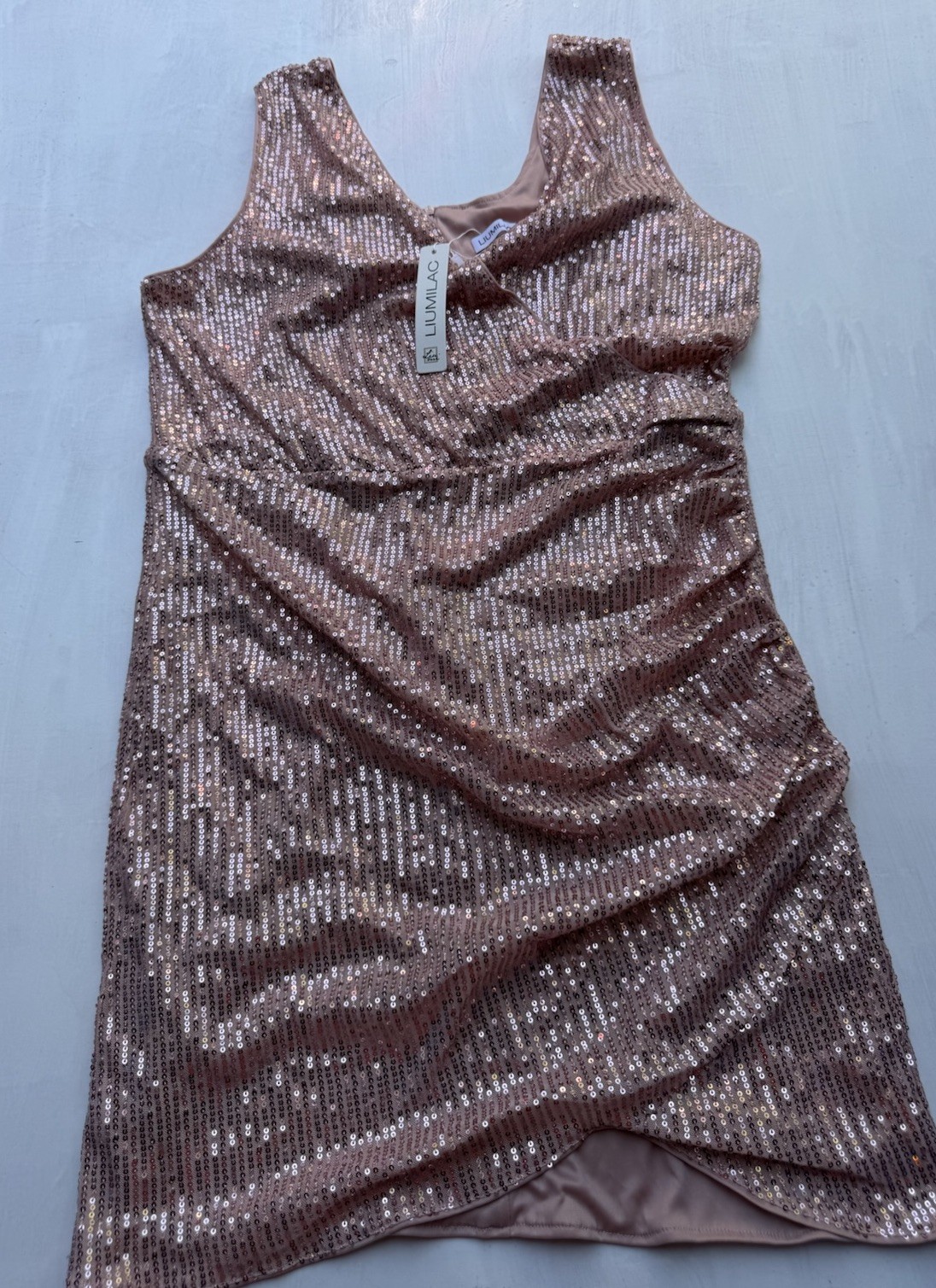 PINK Rose Gold Sequin Metallic V-Neck Strappy Bodycon Mini Dress XXL