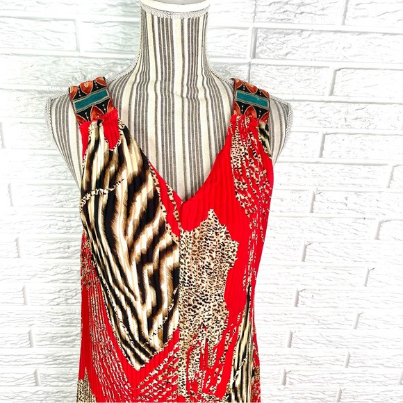 Canna Animal Leopard Print Pleated Maxi Dress Size XS Red Brown Cream Blue