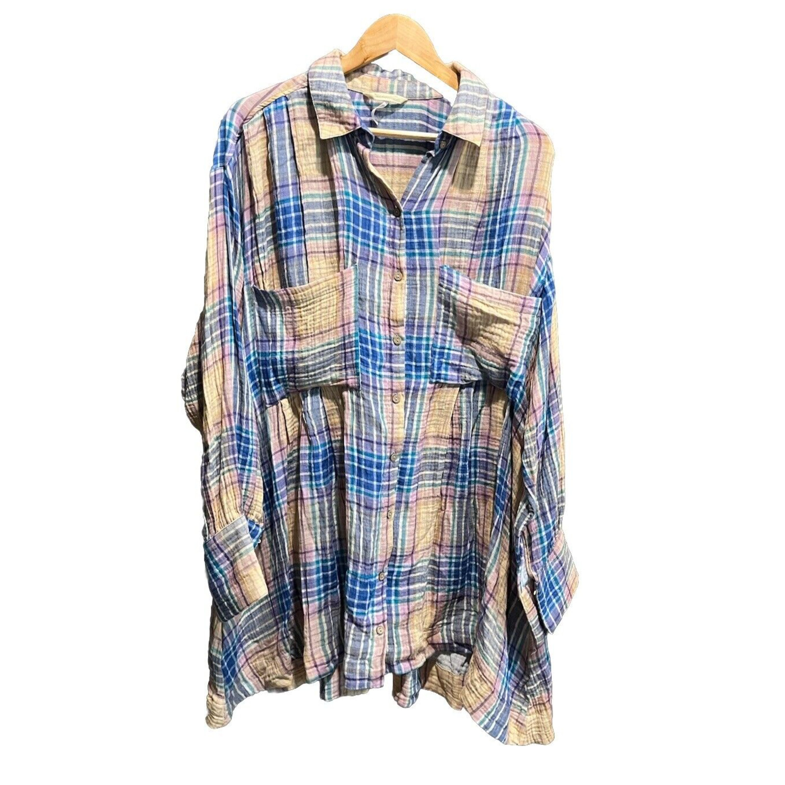 Free People Multicolor Plaid Long Sleeve Button Up Crepe Shirt Dress Size M