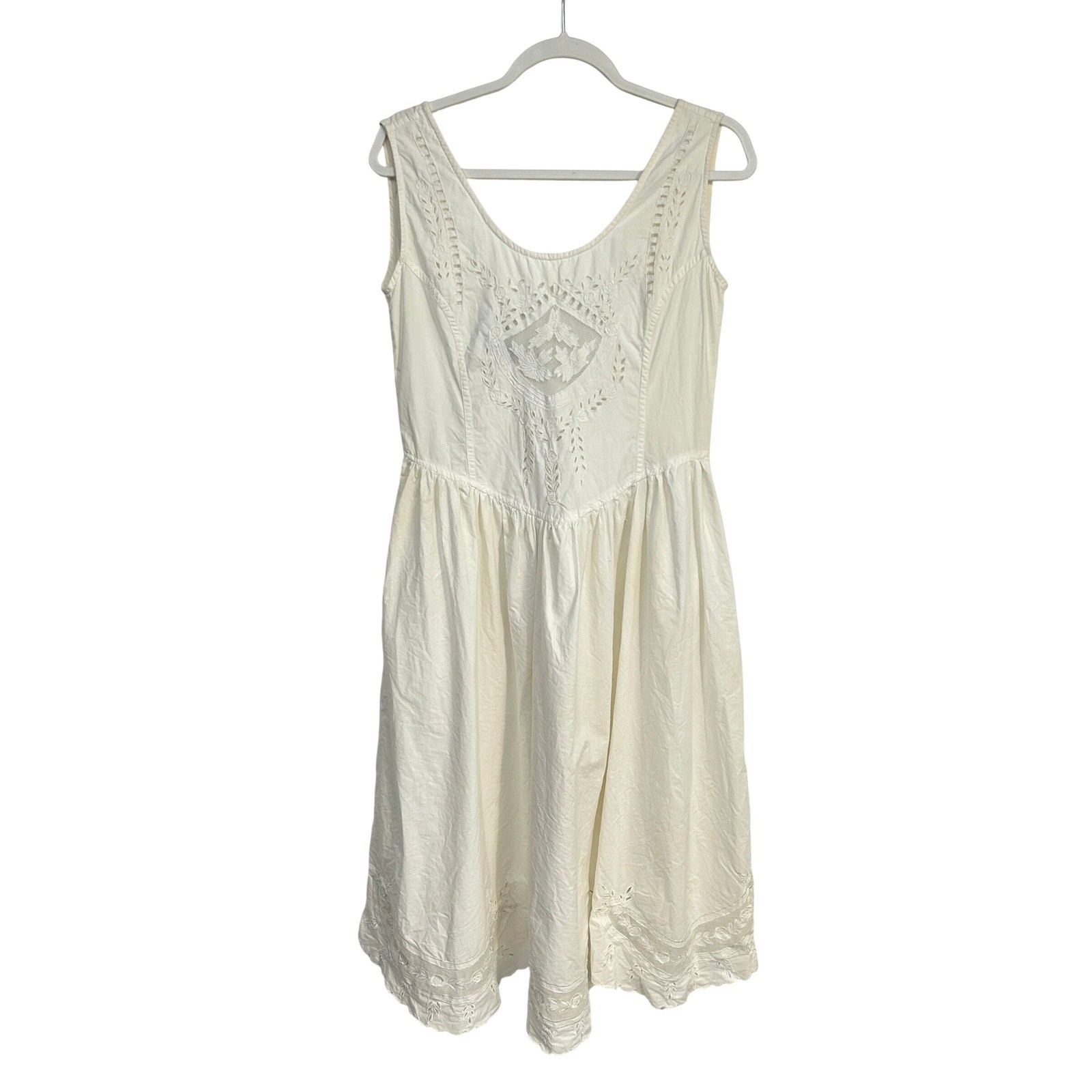 Cottagecore Eyelet Embroidered Midi Dress Small Cream White Back Bow Coquette