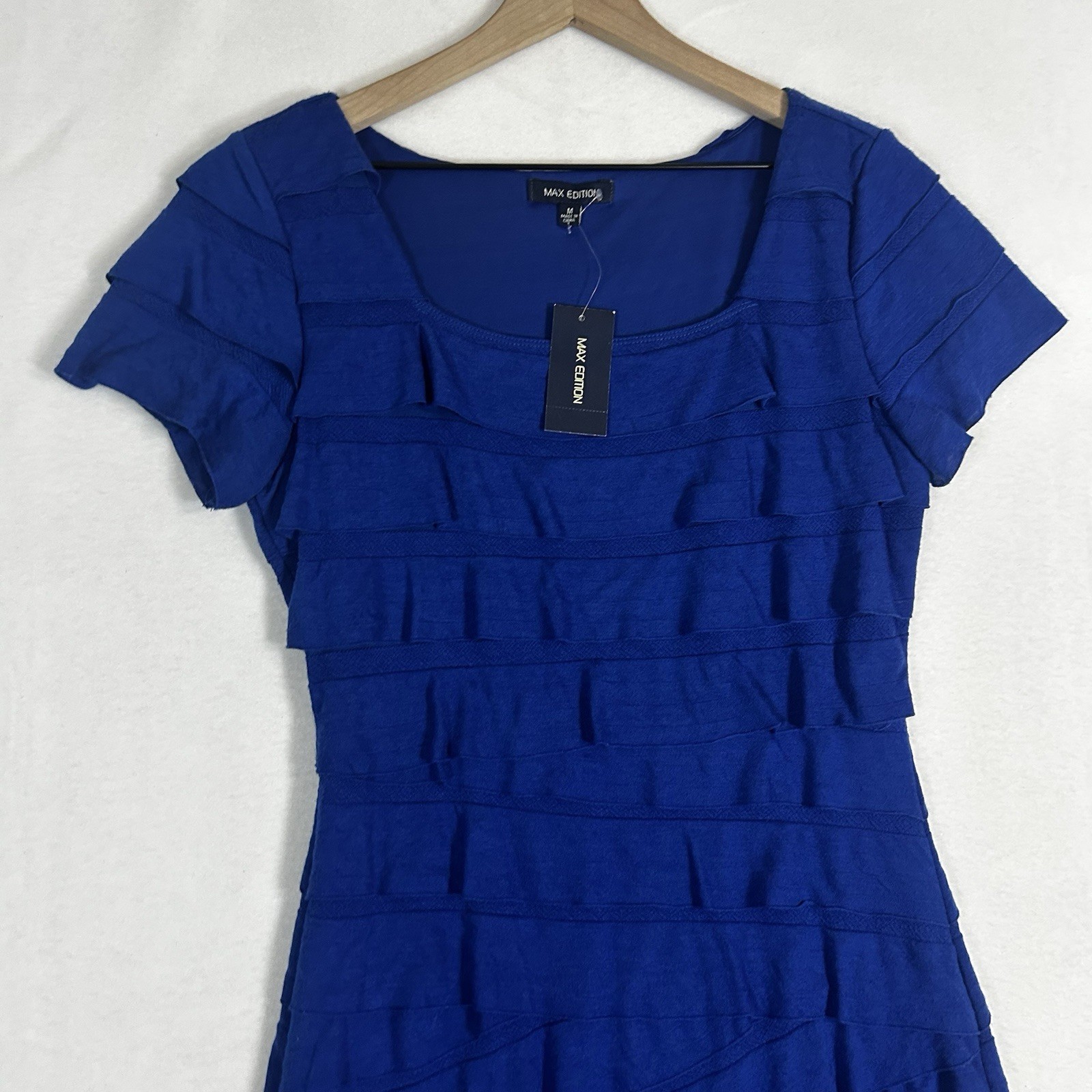 Max Edition Womens M Blue Ruffled Short Sleeve Dress Casual NWT $118