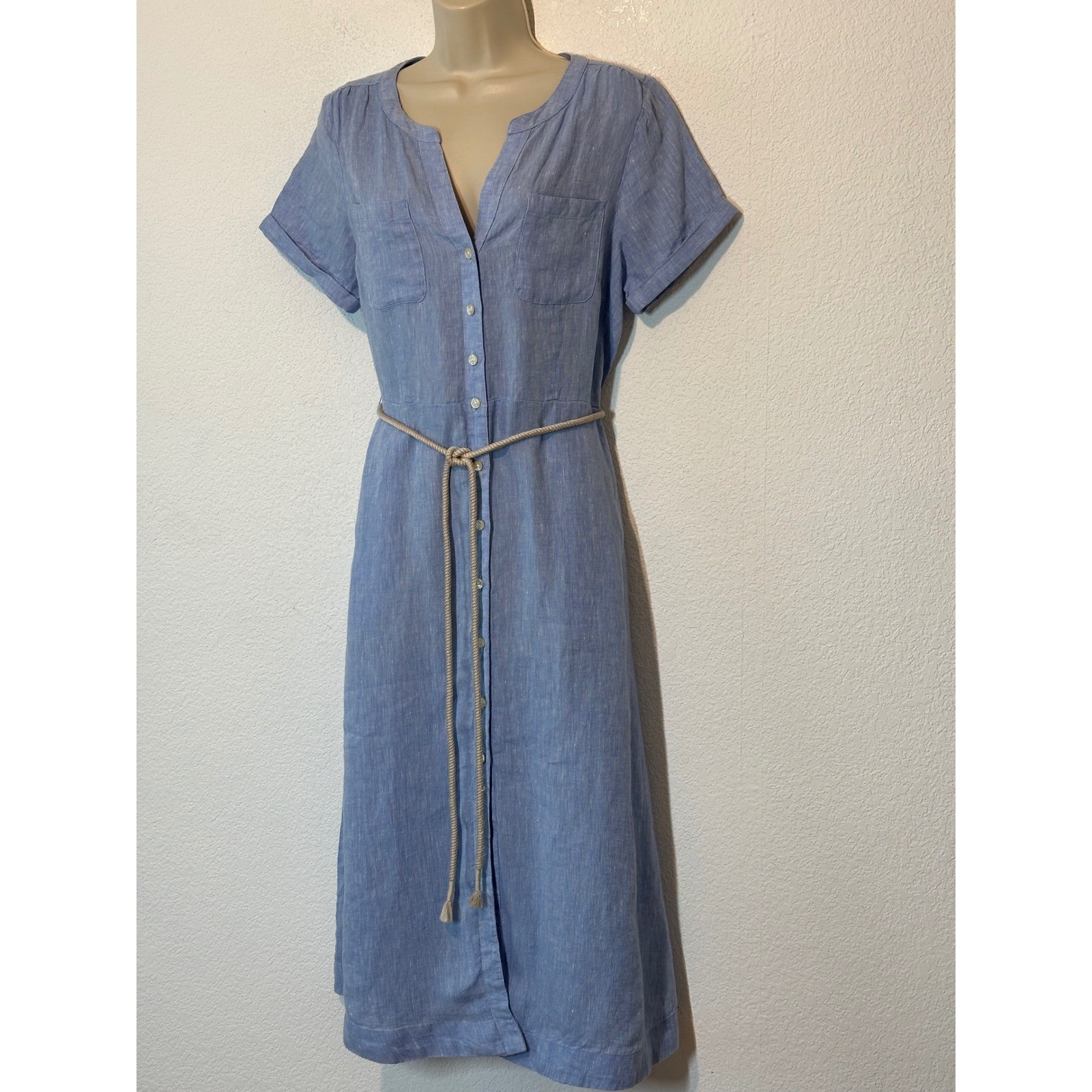 Talbots Blue 100% Linen Button Front Midi Shirtdress with Rope Belt Size 6 NWT