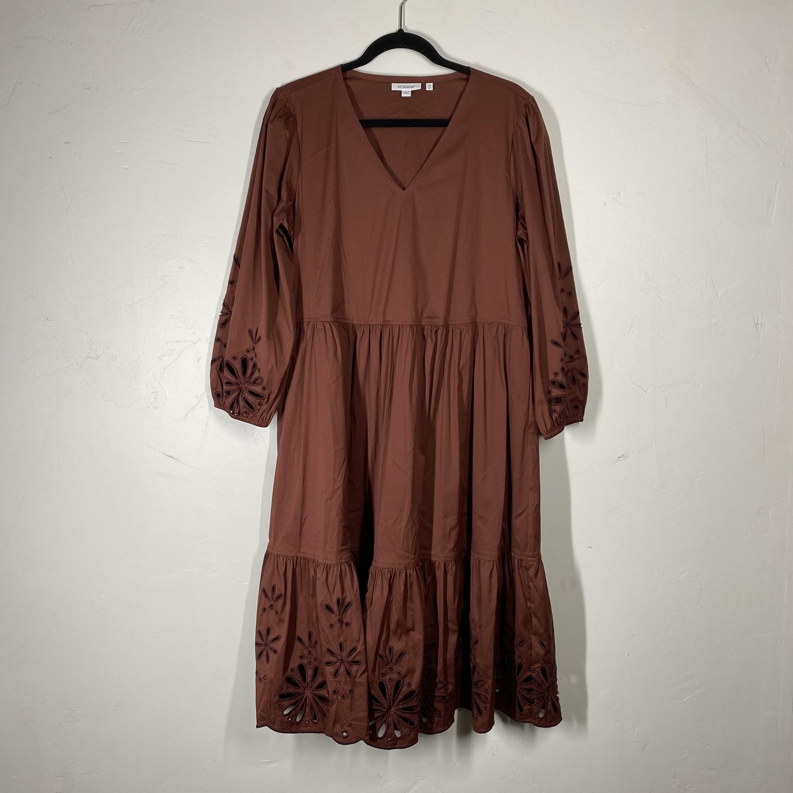 Chico’s Dress Womens 10 Brown Eyelet Blouson Sleeve Midi Boho Tiered Hem