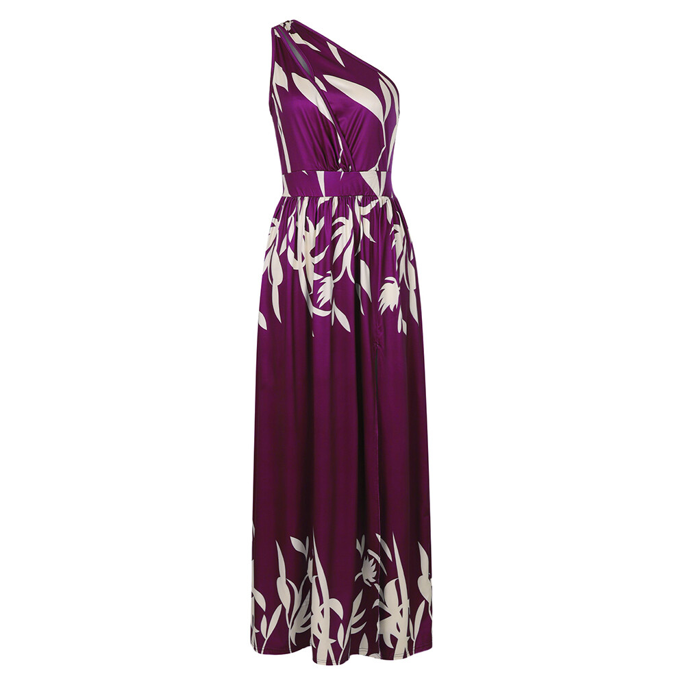 Womens Print One Shoulder High Split Maxi Dress Ladies Party Cocktail Long Dress