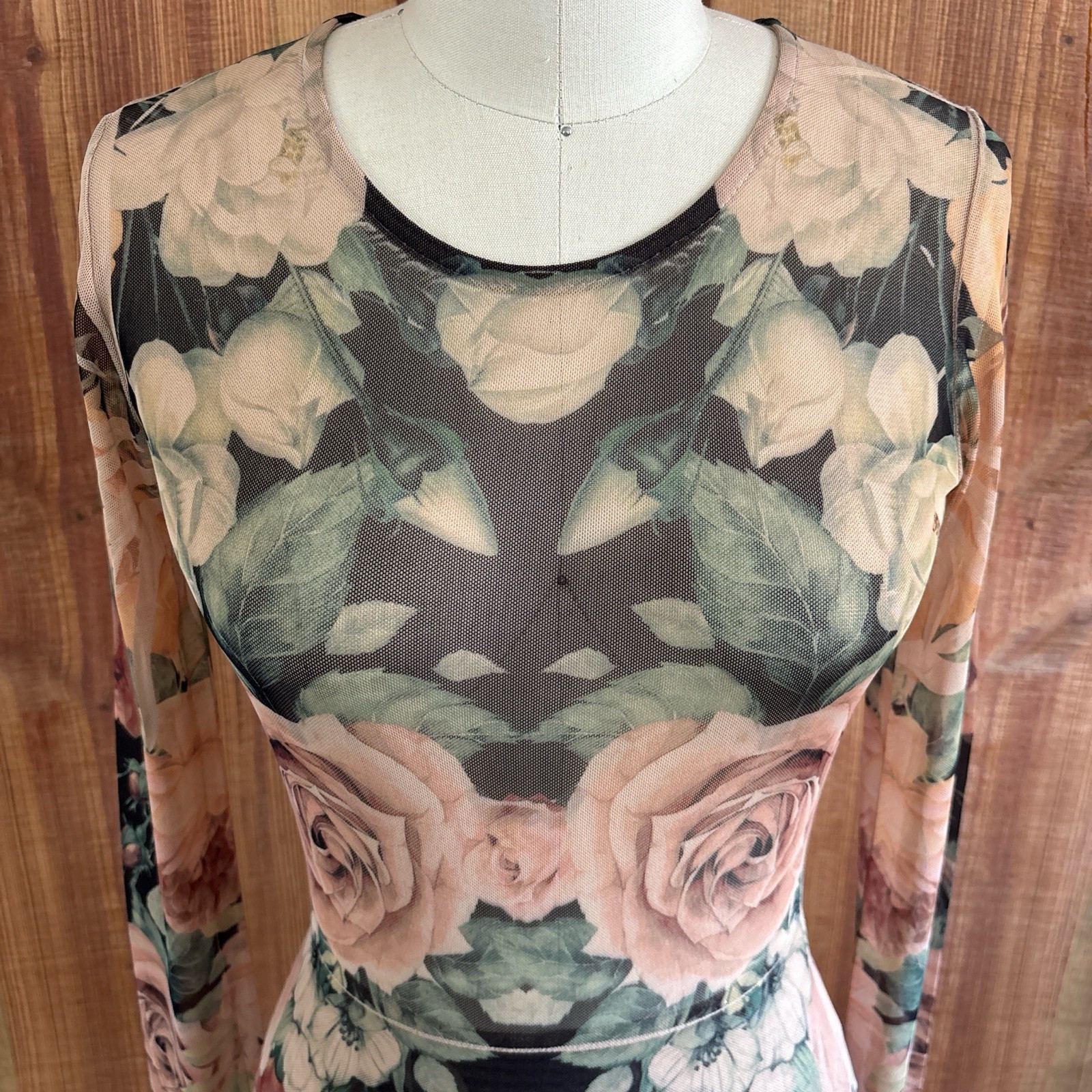Mesh Bodycon Dress Long Sleeve Stretch Rose Sheer Top S Y2K Charlotte Russe