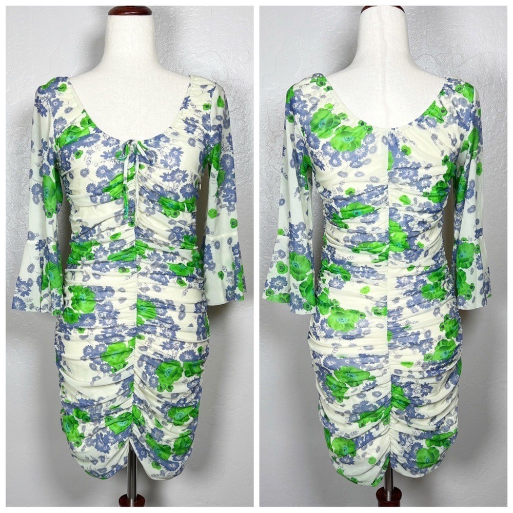 GANNI Women’s Size 38| US 6 Medium Floral Printed Mesh U-neck Ruched Mini Dress