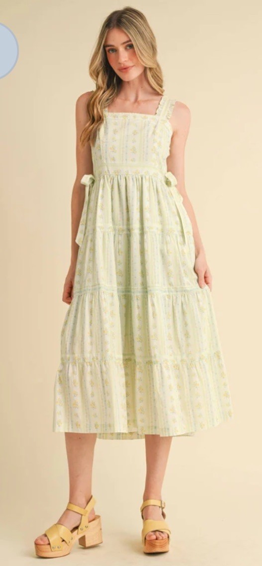 NWT &Merci RUFFLED STRAP FLORAL DRESS WITH SIDE TYING BOWS – Chartreuse Yellow