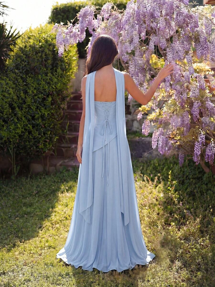 Stylish Strapless Shawl Slit Corset Fit & Flare Maxi Dress